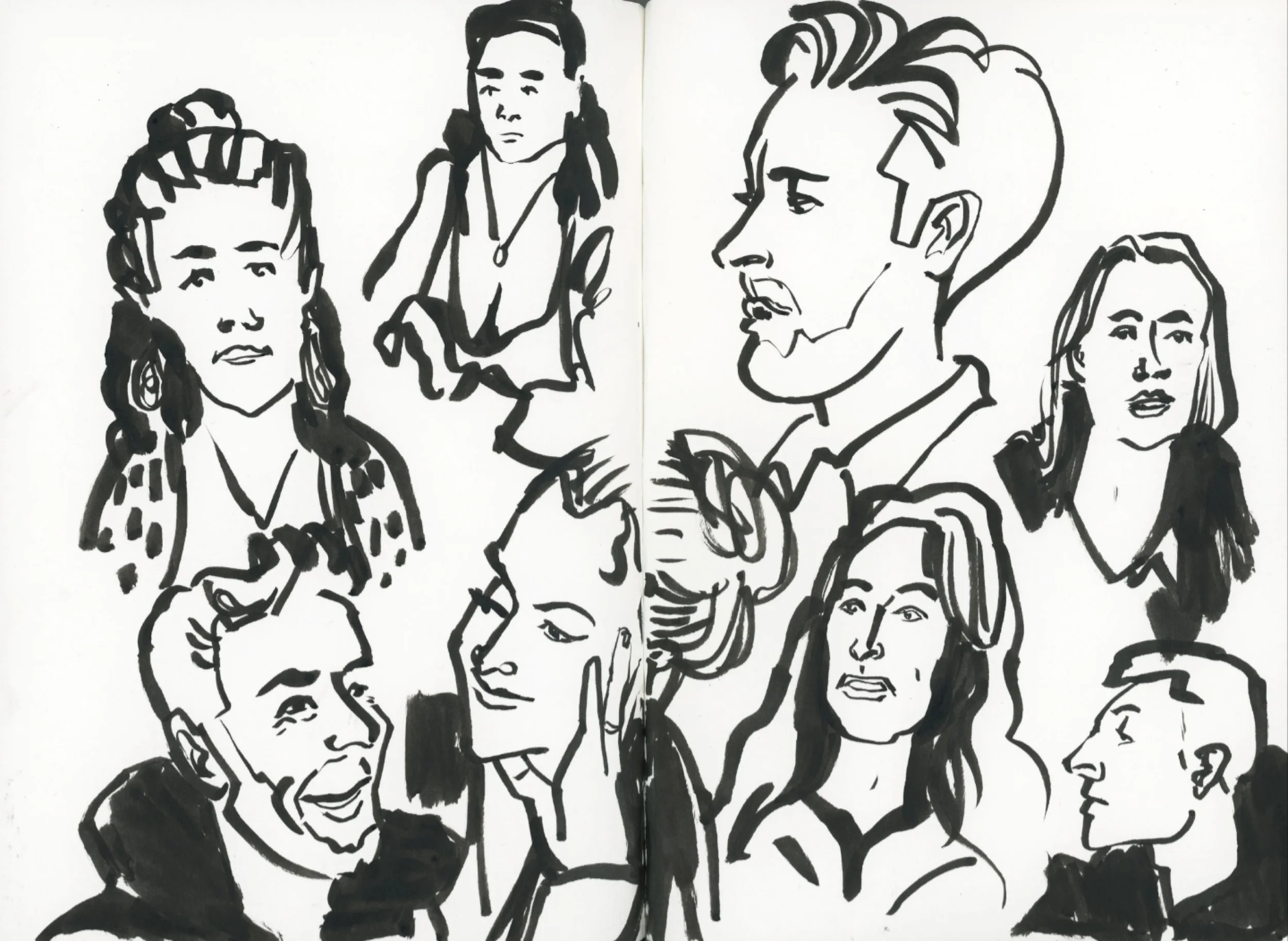 People often show up in my sketchbook pages. Sometimes part of a bigger scene, sometimes just a quick face or figure. Sometimes they are feces on screen while watching a show (and then pause it for a minute or so to draw from the paused video).

 I t