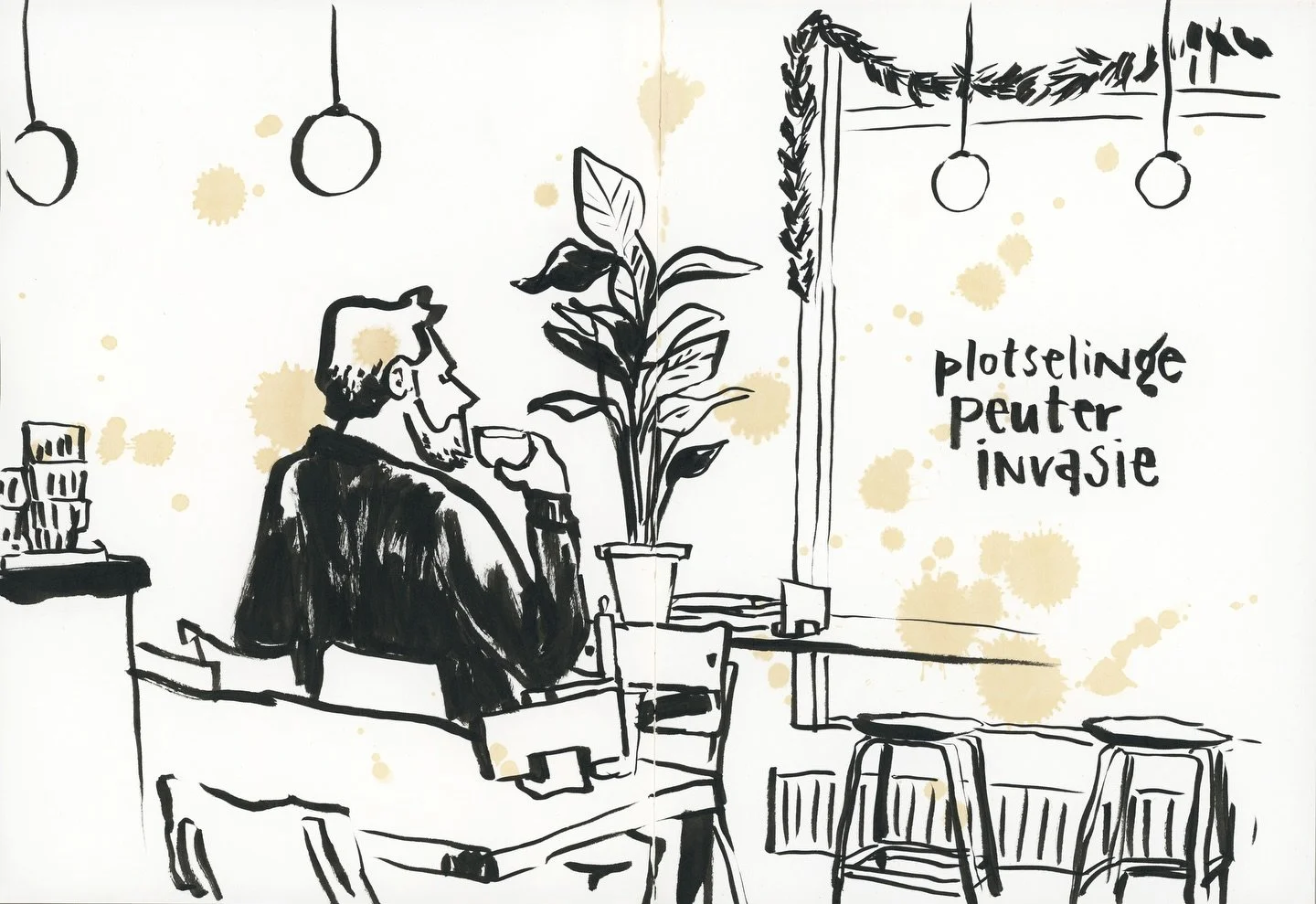 Today, I had to run some errands in town and stole an extra moment for a coffee date with myself and my sketchbook. Halfway through my sketch, a whole bunch of moms walked in with their toddlers, which then completely changed the mellow mood. I kind 