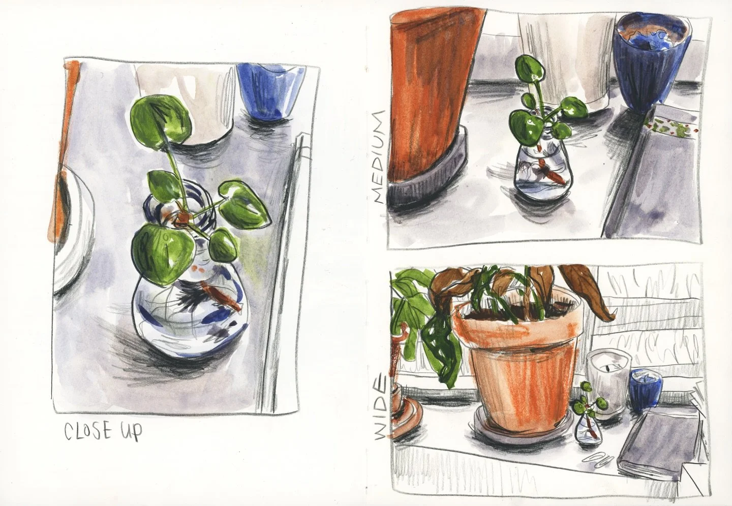 Changing your angle is fun because it changes what you notice and how you draw. 
During my live online Mini-Workshop, we looked around as if looking through a lens. When you zoom in or out, you&rsquo;ll notice how the story changes.

A wide view give