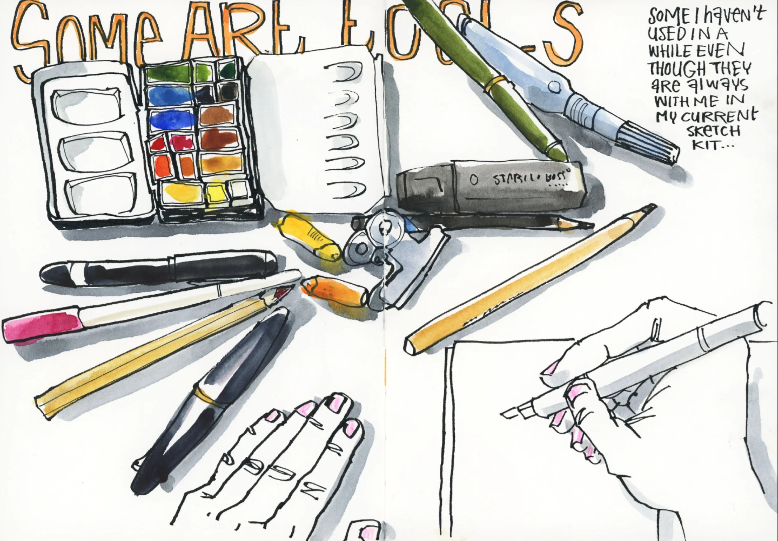 A little reminder: you don&rsquo;t need to look far for something to draw. Even your sketchbook kit can be an interesting subject. 
Everything is interesting as soon as you start drawing it. 

In case you need some prompts or ideas:
-your art tools
-