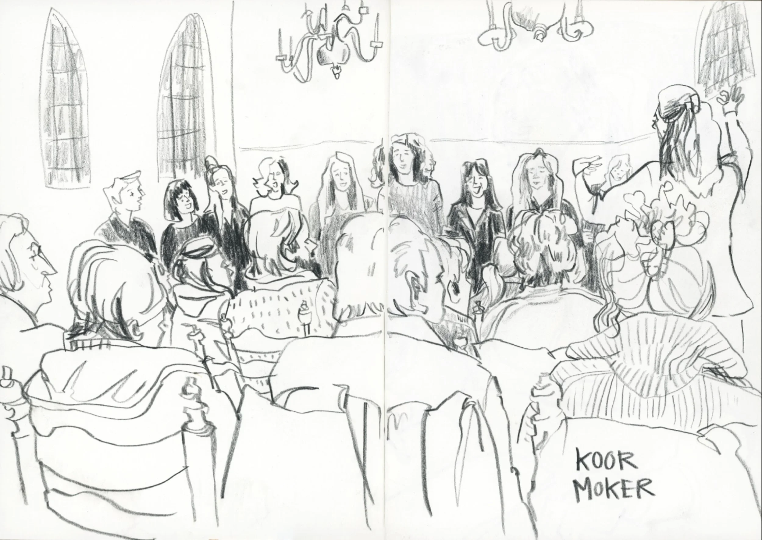 Last week, I went to listen to my sister-in-law and the choir she&rsquo;s in. While listening to their performance, I sketched.  I love how a drawing captures not just one moment, but stretches time. And the songs are all hidden inside of the memory 