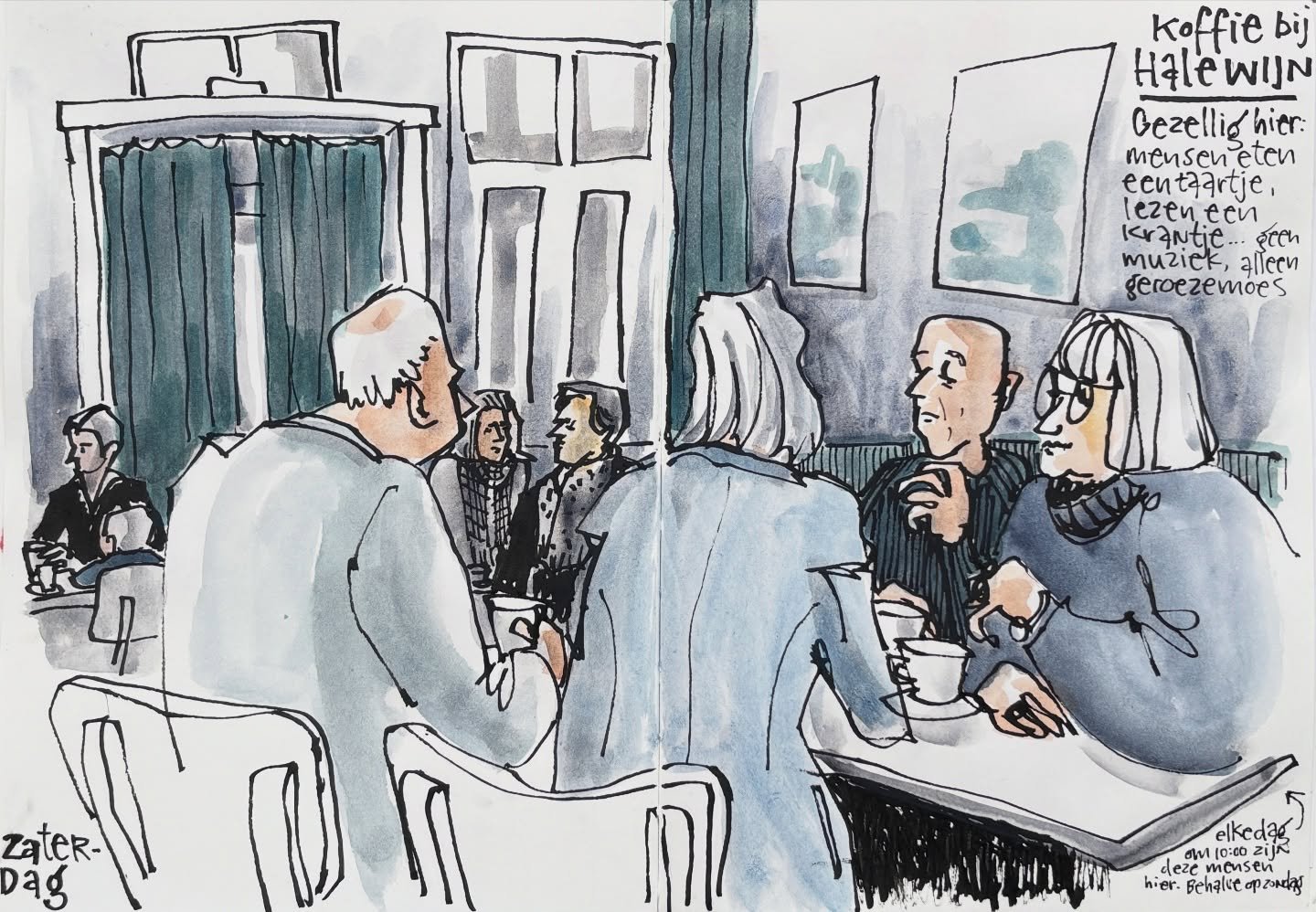 The ultimate Saturday morning vibe: a walk through the cold to the library first, then a coffee and a sketch in a caf&eacute;. I chose @grand_cafe_halewijn where it&rsquo;s cozy this morning. People are drinking coffee, sharing a slice of cake, readi