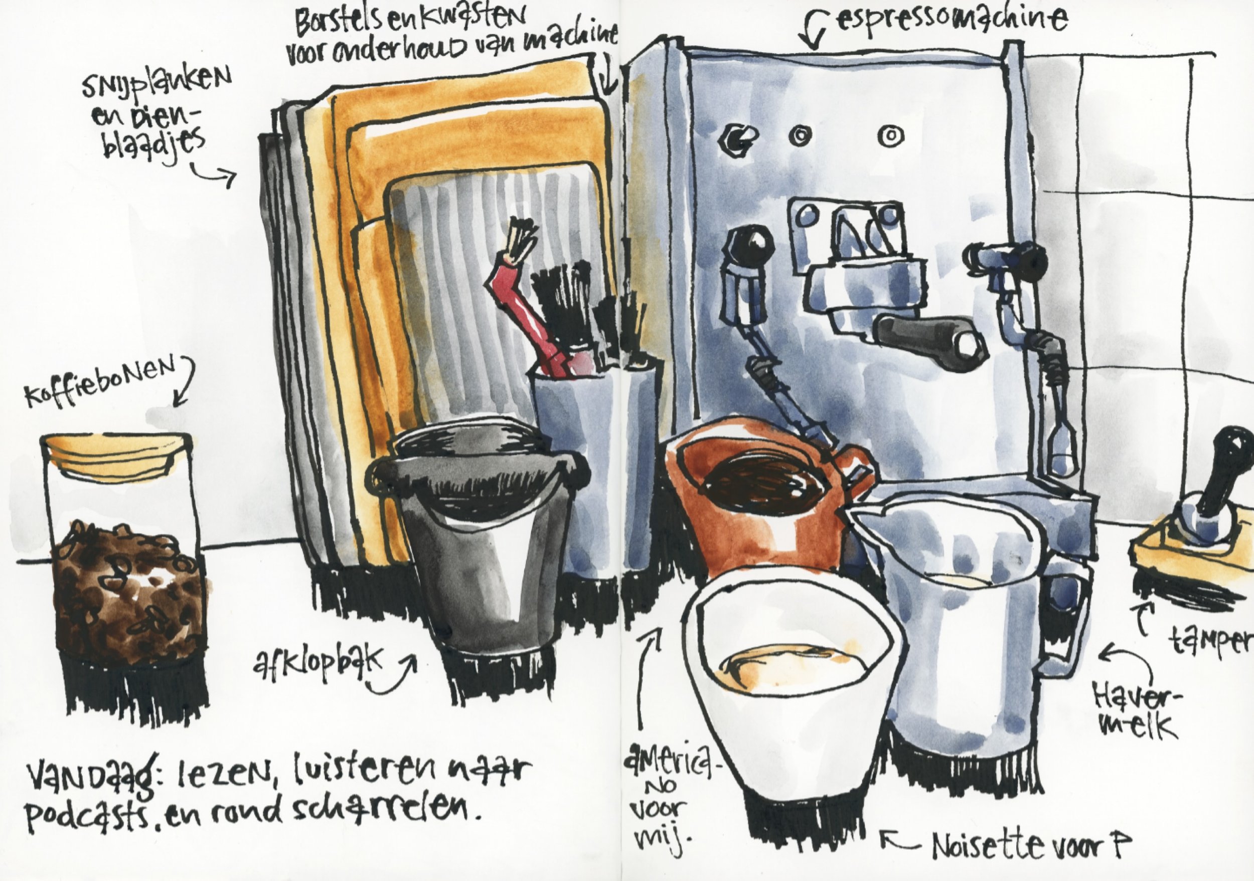 When in doubt, draw your coffee! 
I like drawing simply my coffee cup, or when I have more time, its surroundings too. In a cafe, or at home. For this drawing, I stood in the corner of our kitchen where the coffee machine is. The drawing came about w