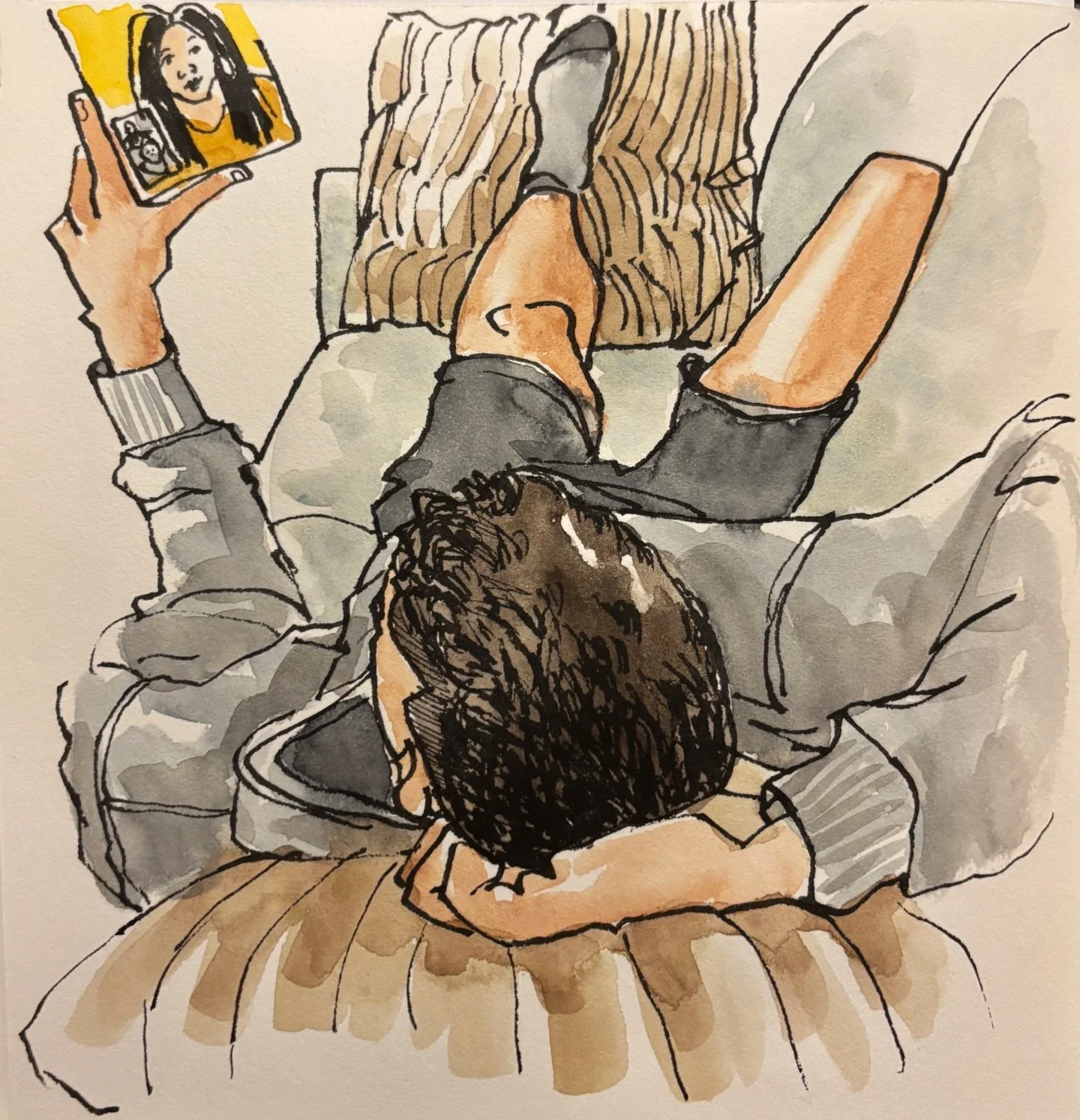 Catching up with a dear friend on the other side of the ocean, captured in my sketchbook 💖

Materials used:
-Etchr sketchbook square, 20.4cmx20.4cm / 8x8 in 
-Sailor Fude fountain pen (55&deg; nib) with Platinum Carbon Black ink
-Daniel Smith waterc