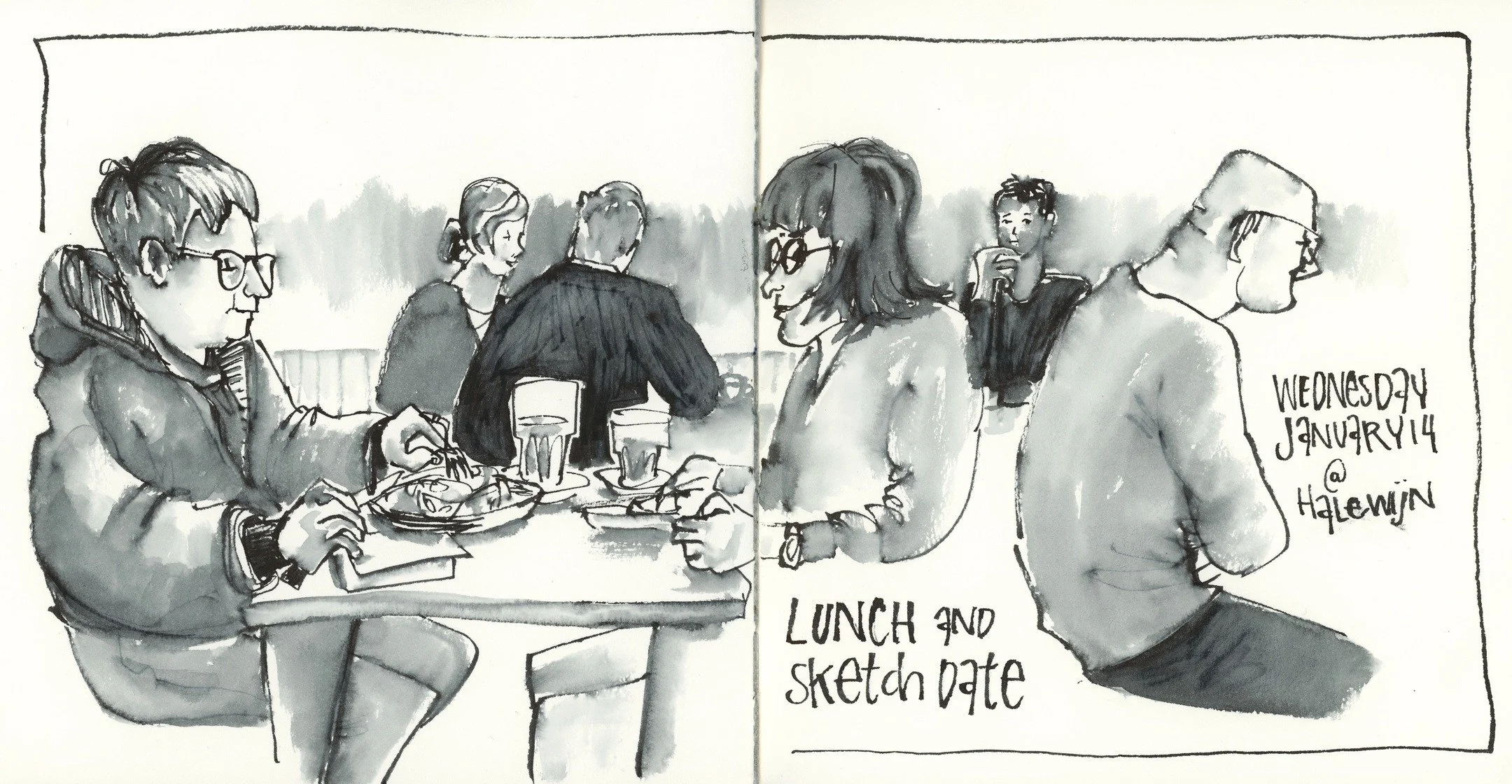 Yesterday, my friend @martinedegraaff invited me for an impromptu lunch-and-sketch meeting. It was such a nice break in the middle of the day. I came back home with this drawing, a full belly, and a full heart.

Materials used:
-Etchr sketchbook squa