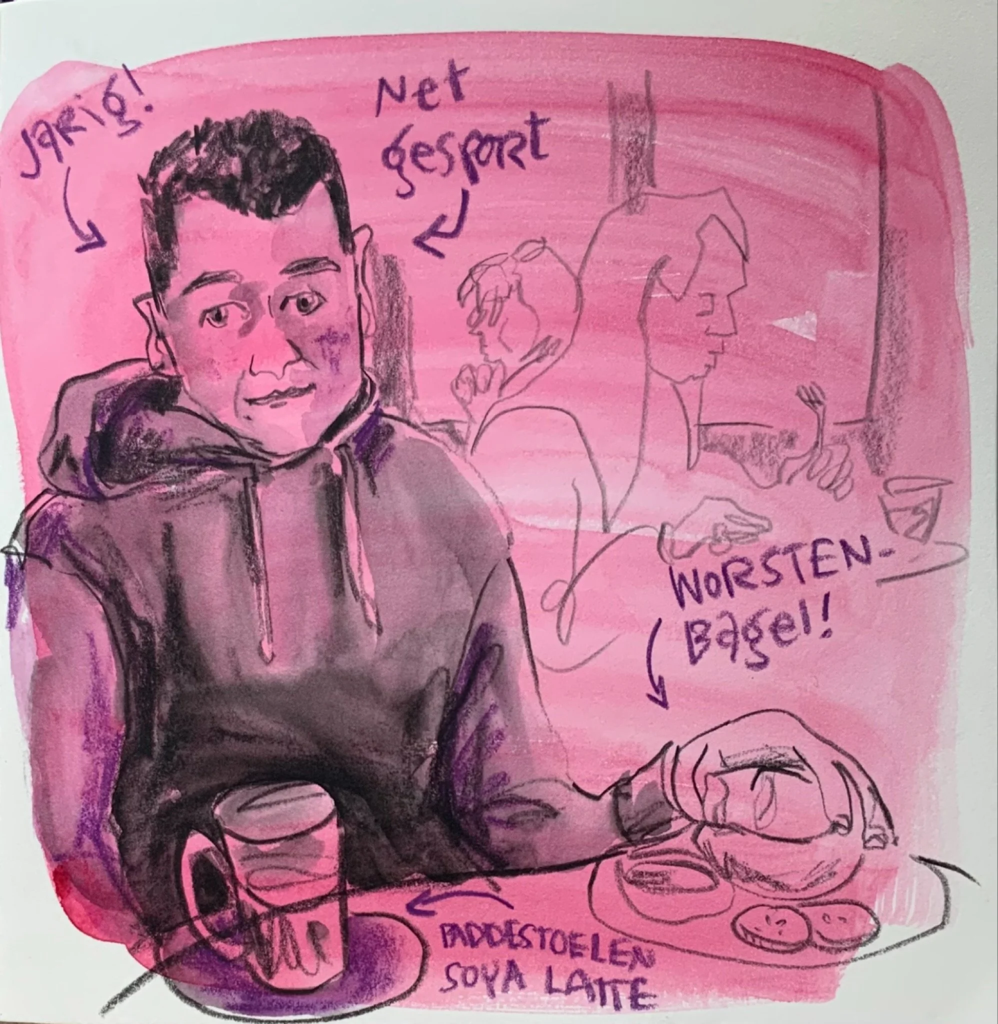 Celebrating my husband&rsquo;s birthday at the bagel shop after working out. 
His response to this drawing: &ldquo;what did you do to my eyes?!&rdquo;. Haha, the poor guy - he gets depicted so often, and it&rsquo;s always wonky and hardly ever flatte