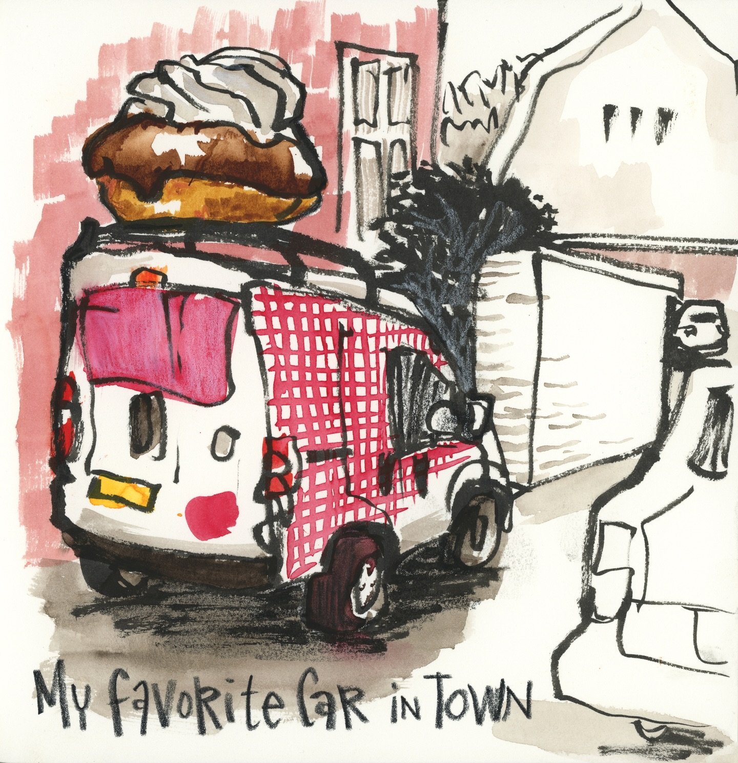 I finally took the opportunity to draw my favorite car in town. Every time I see it drive by, it makes my inner 8-year old happy. Today when I walked past the bakery and saw it parked next to the shop, I stopped to quickly draw it, using a Brushpen. 