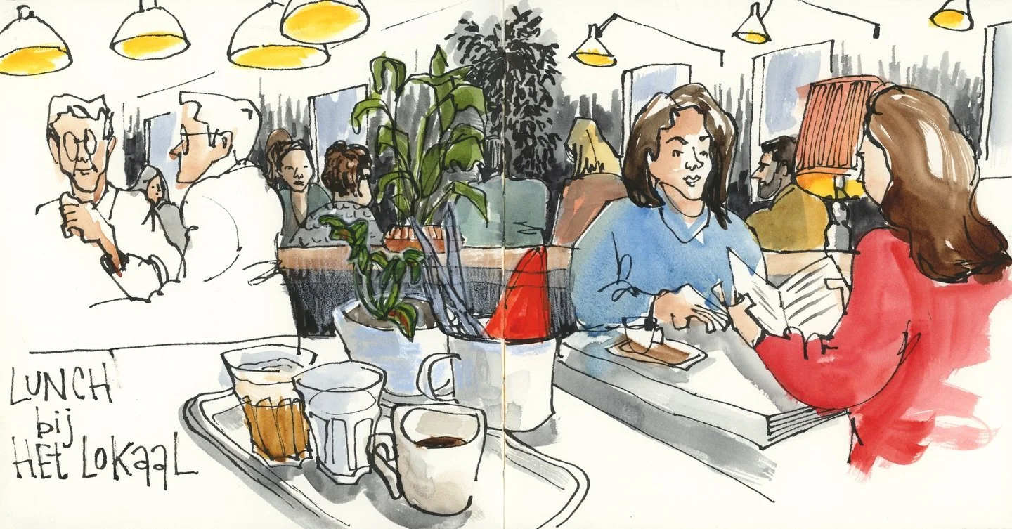 After checking off some big to-dos this morning, my lunch-and-sketch-date with @martinedegraaff and @gertrudesteenbeek was a very welcome and fun break. Good coffee and yummy food by @het_lokaal , great conversation, and exploring how to capture the 