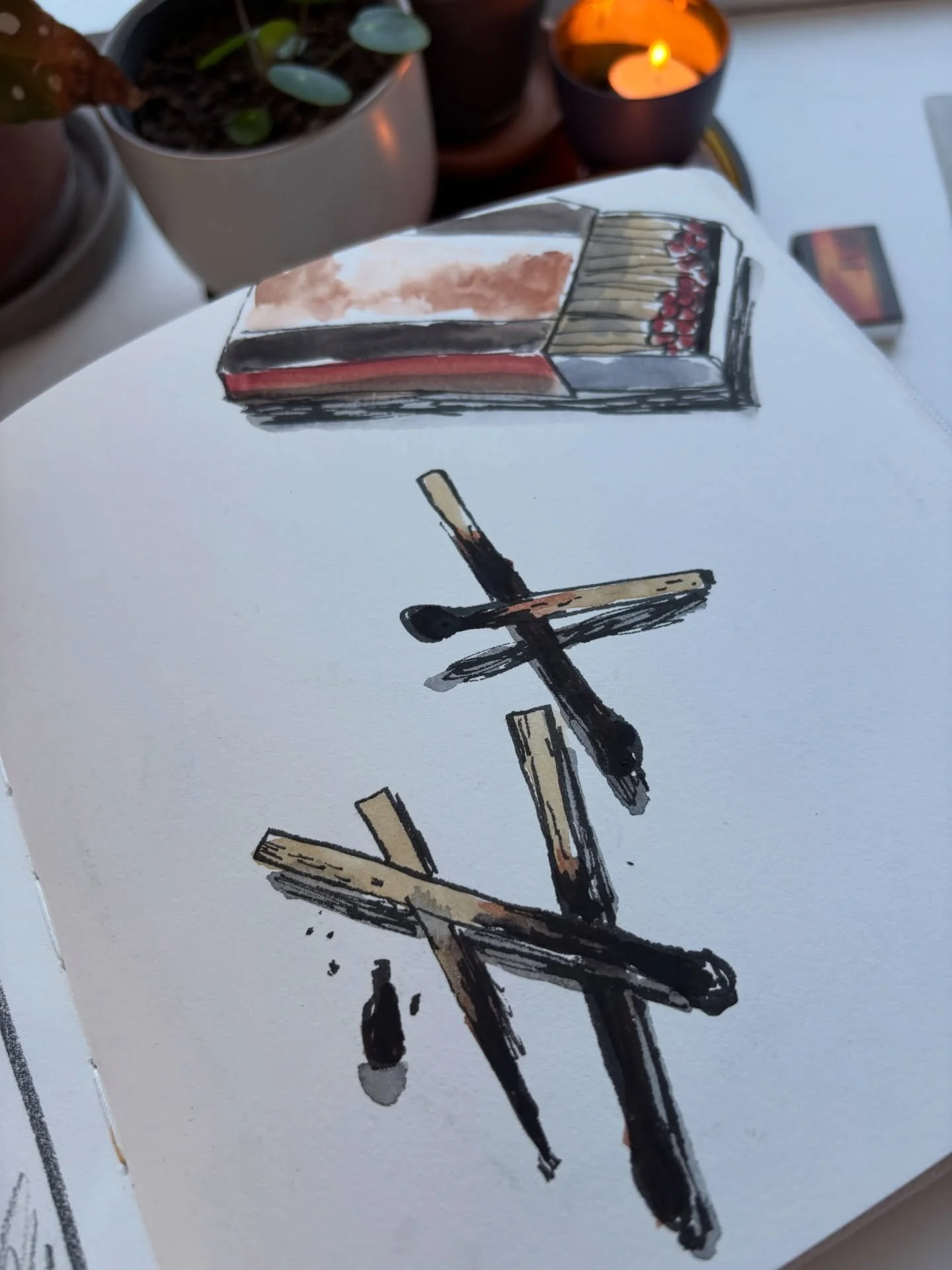 The simplest, smallest things can be interesting to draw. 
When I was lighting my candles this morning again, I noticed how beautifully the matches were charred. So instead of throwing them away, I drew them first.
Later, I realized  I could have dra