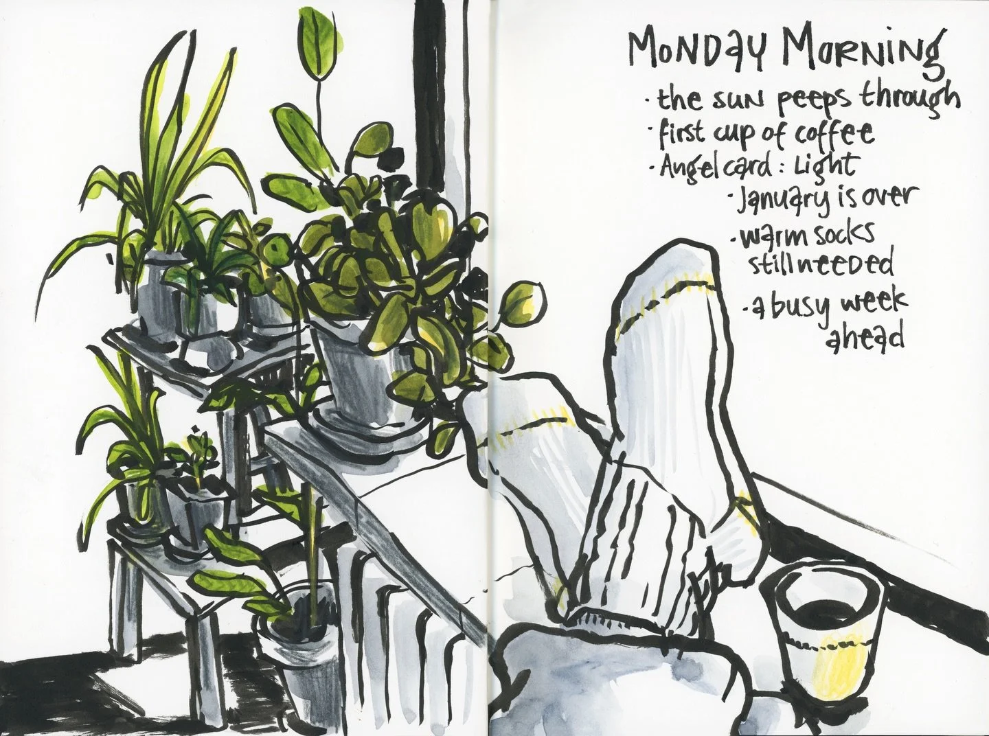 Tip: if drawing makes you happy, put it on top of your list. 
This morning, I made myself a coffee, put my feet up and opened my sketchbook. A morning meditation. Following the creative flow. What a great start of the day. 
It&rsquo;s not about what 