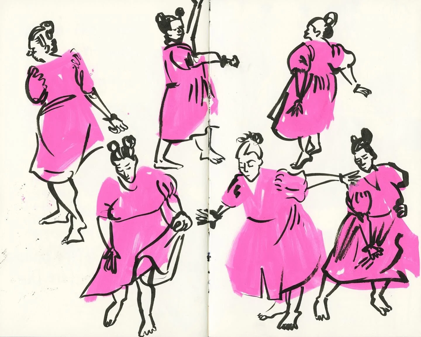 Happy Friday! 
A little bit of dancing (Like nobody&rsquo;s watching) might be happening this weekend! Or at least, I will let my pen dance on the paper. Hah!
For this page, for every pose, I started with the pink blob for the dress first, and then a