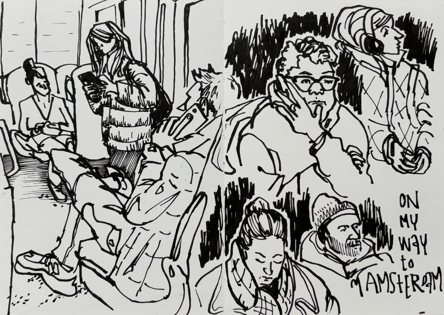 When you always have a sketchbook with you, it&rsquo;s like having on-board entertainment. 
While on the train, on my way to my mom in Amsterdam, I observed the people around me. With each stop, people came and went. That gave me new characters to st