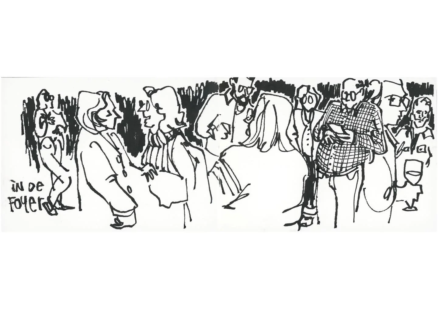 Tip!
Always be early and have a sketchbook and pen with you.

Yesterday evening I went to the theater with my husband. We were there early, right after voting for the municipal elections. We had a drink, I sketched the people trickling in, then enjoy