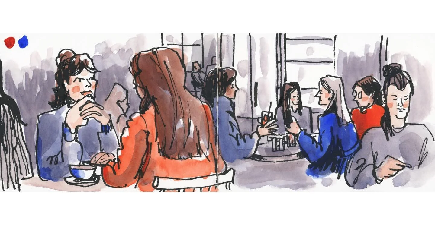 Tip! 
Limiting your palette can be so much fun! 

For this drawing that I made last Saturday, I chose to use only two colors from my watercolor palette. Transparent Pyrrol Orange and Ultramarine Blue. 

Combining the two colors gave me a wonderful ra