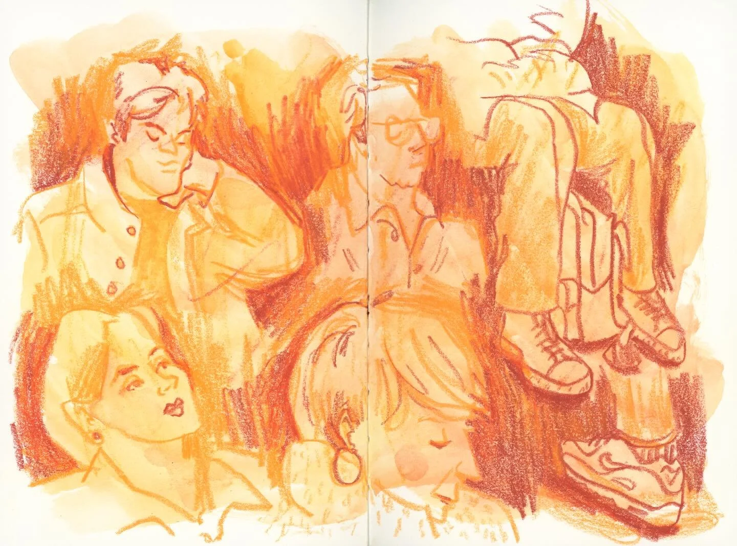 A few days ago, I posted a drawing in which I used two colors only. Here&rsquo;s another one, for which I used only two watersoluble crayons: Orange and English Red. 
Just perfect for on-the-go sketching in public transport. Just a minimum of tools, 