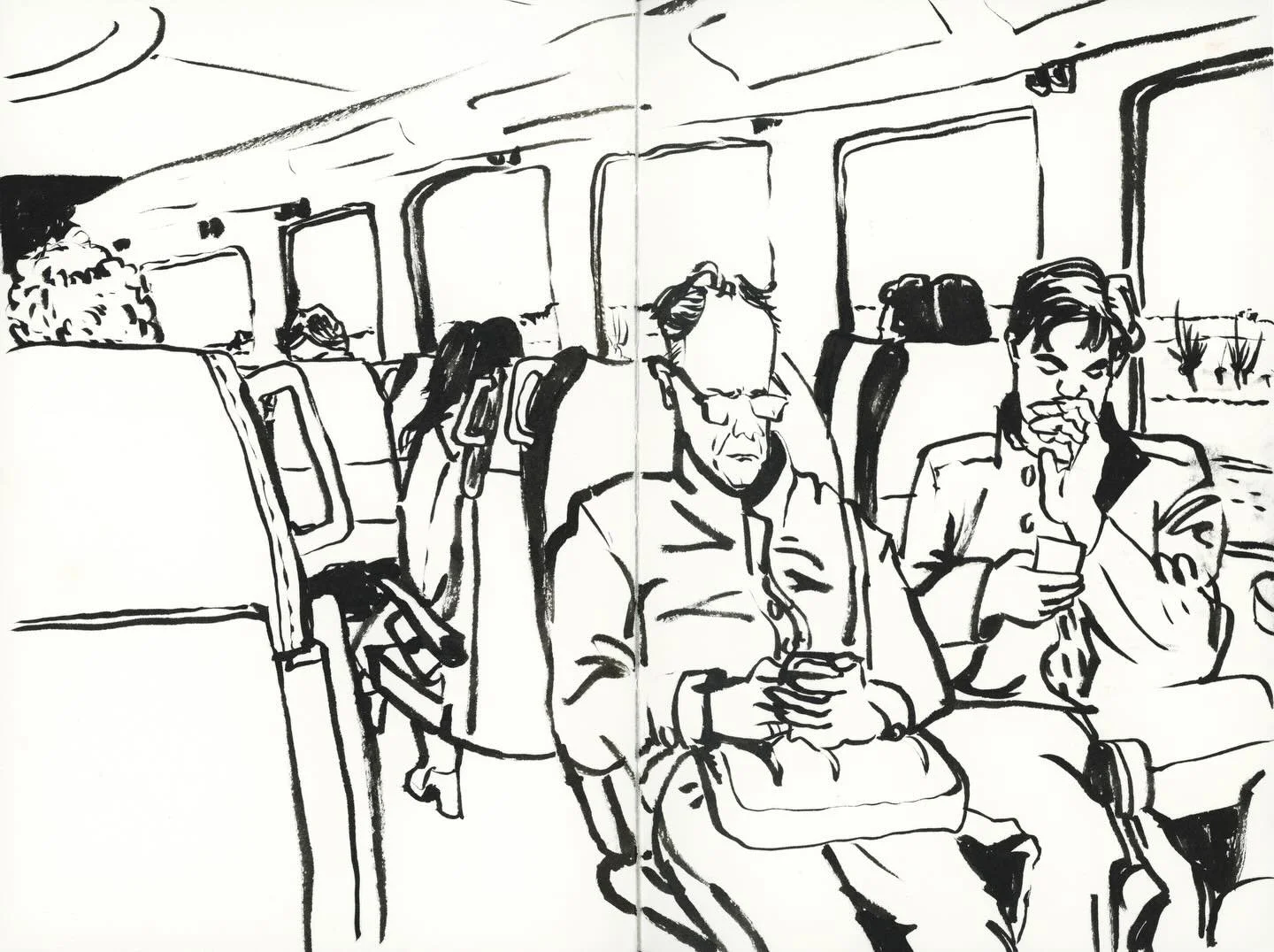 The most fun part of this drawing is this: At some point, I looked up and saw a woman two seats away from me. We looked at each other and she gave me the biggest smile. 
I realized she&rsquo;d been following along as she could see the page I was fill