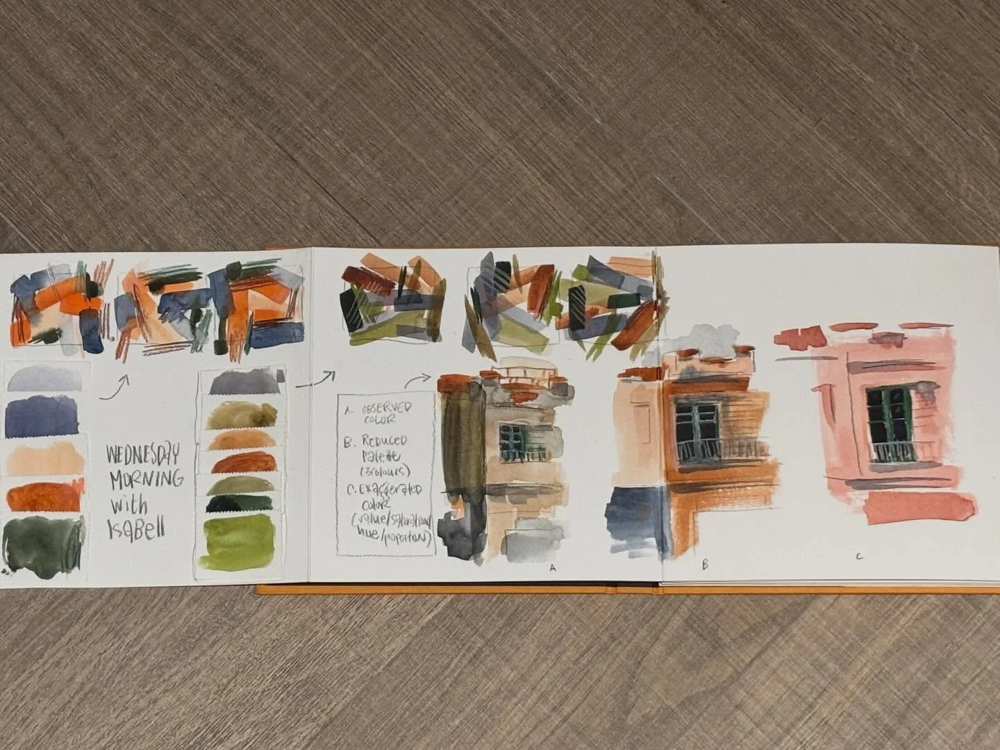 I&rsquo;m participating in a @pushingyoursketchingboundaries workshop called Colour Scapes In Terrassa. Today was day 1 and I had class with @isabell.seidel.art in the morning, then with @om_lapom in the afternoon. 

I learned so much from both of th