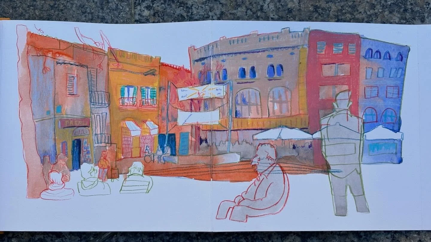 Today was day 3 of the workshop Colour Scapes by @pushingyoursketchingboundaries 
Colorful it was! Morning class was with @om_lapom who taught us to let go of control with the initial watercolor pass. Then knock colors back in places, and add brightn