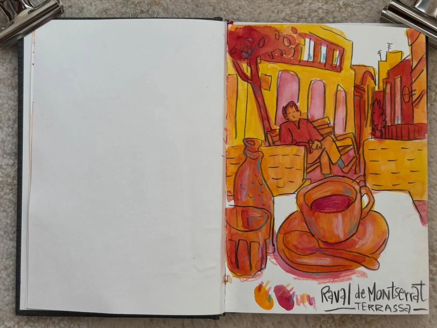 I finished my Etchr sketchbook in Spain. I have been drawing a lot! Luckily, I brought a spare sketchbook I brought to Spain. A small Hahnem&uuml;hle Nostalgie sketchbook, A6
I started it yesterday, and filled a few pages on my way back home today. 
