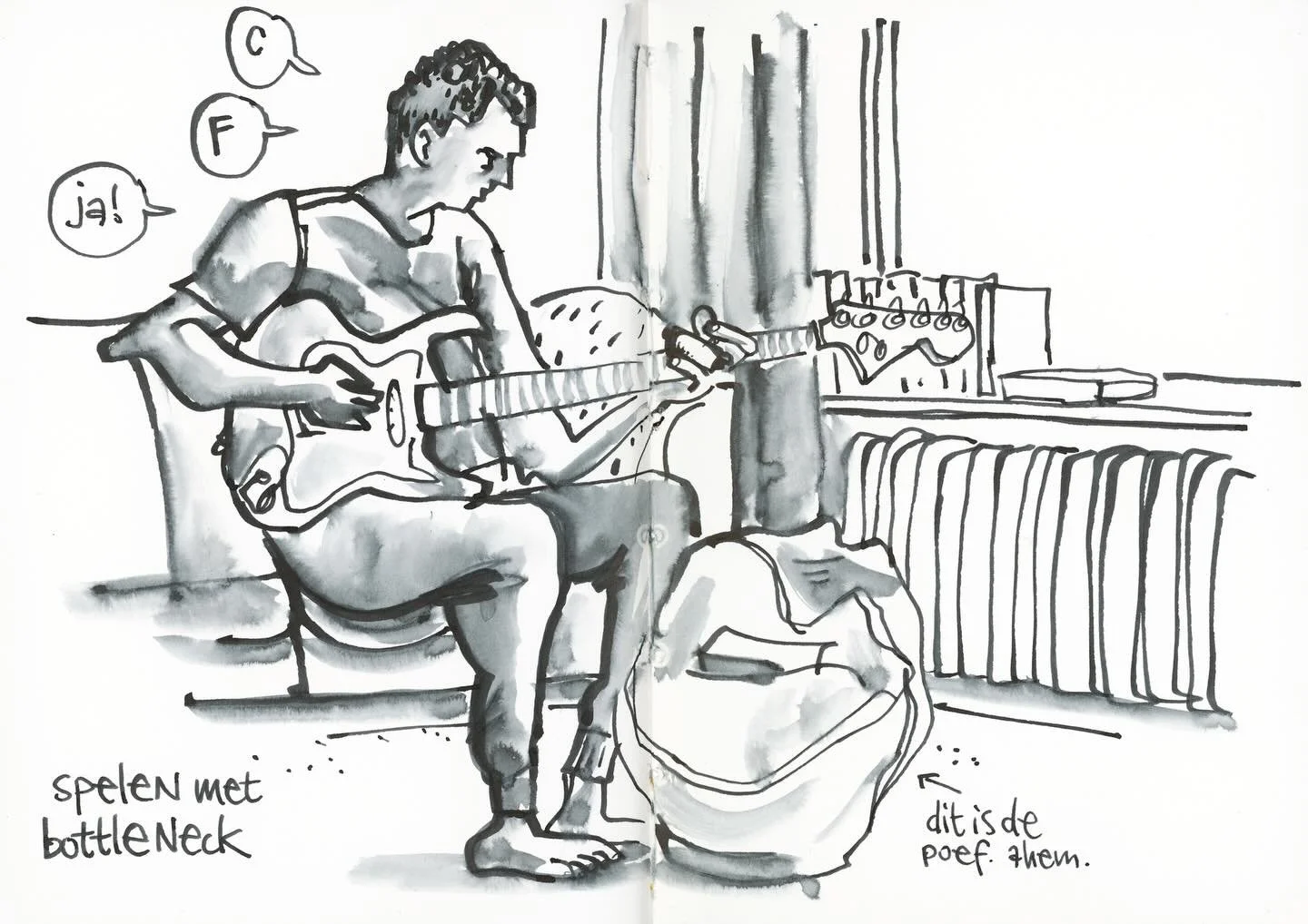 When the musician is concentrated at work, I grab the opportunity for a quick sketch! 

Materials used:
-Hahnem&uuml;hle Nostalgie sketchbook, size A6
-Sailor Fude fountain pen (55&deg; nib) With watersoluble ink
-Pentel Aquash waterbrush

#lifeisbet