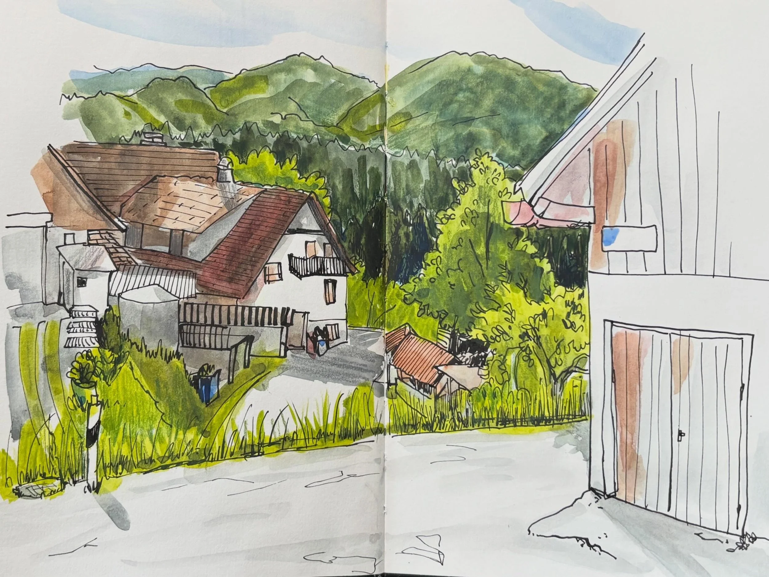Two takes on the same view. 

The first: I started with pen, then layered in watercolor and colored pencil. The process felt a bit rigid: mapping everything out with pen was tedious, but I kept going. The watercolor brought out the depth and the vari