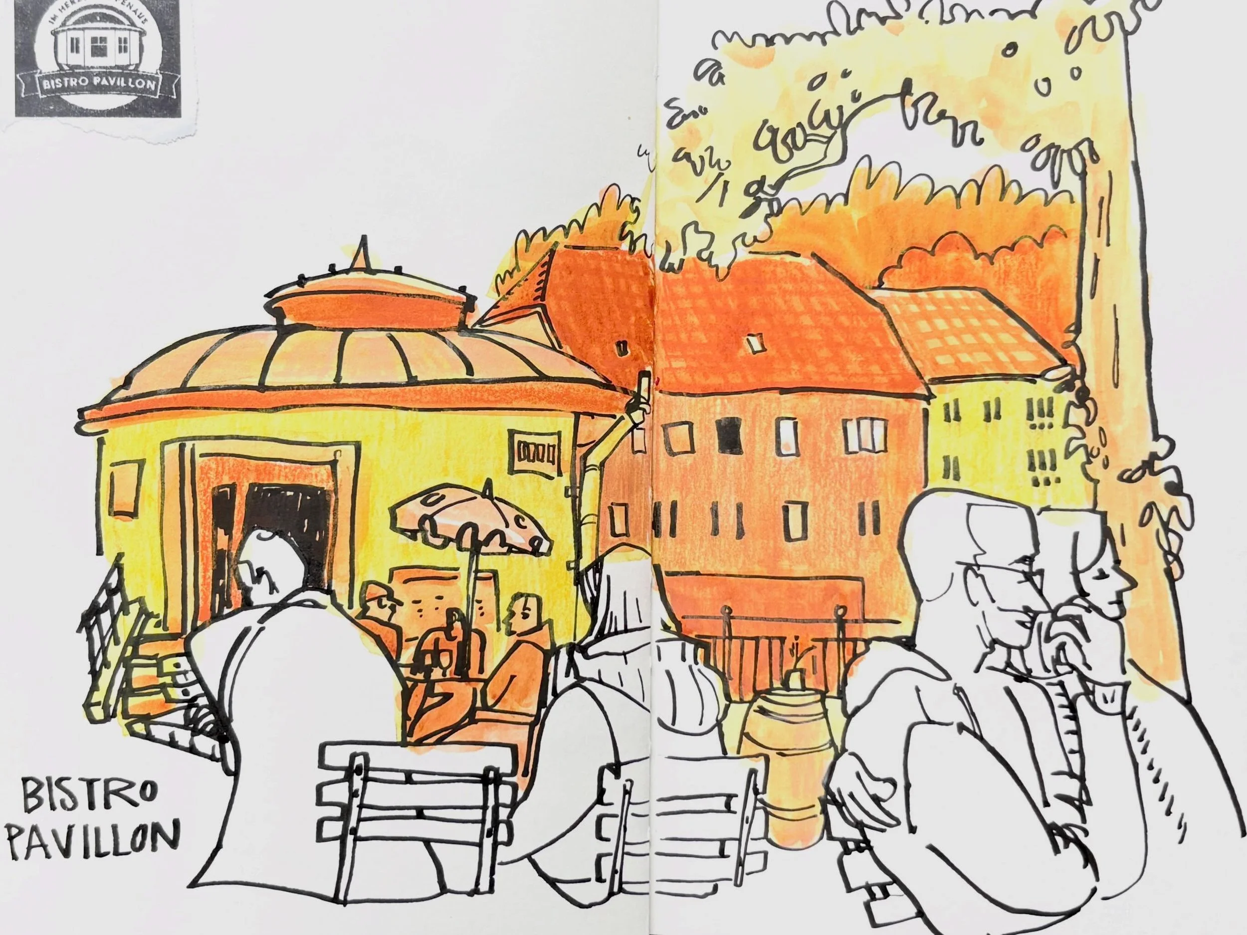 Nostalgic vibes at Bistro Pavillon. 
About the drawing process: first line with waterproof ink. Then a yellow wash on all of the shapes except for the figures in the foreground. Then an rusty orange wash on some of the shapes. 
Then more texture and 