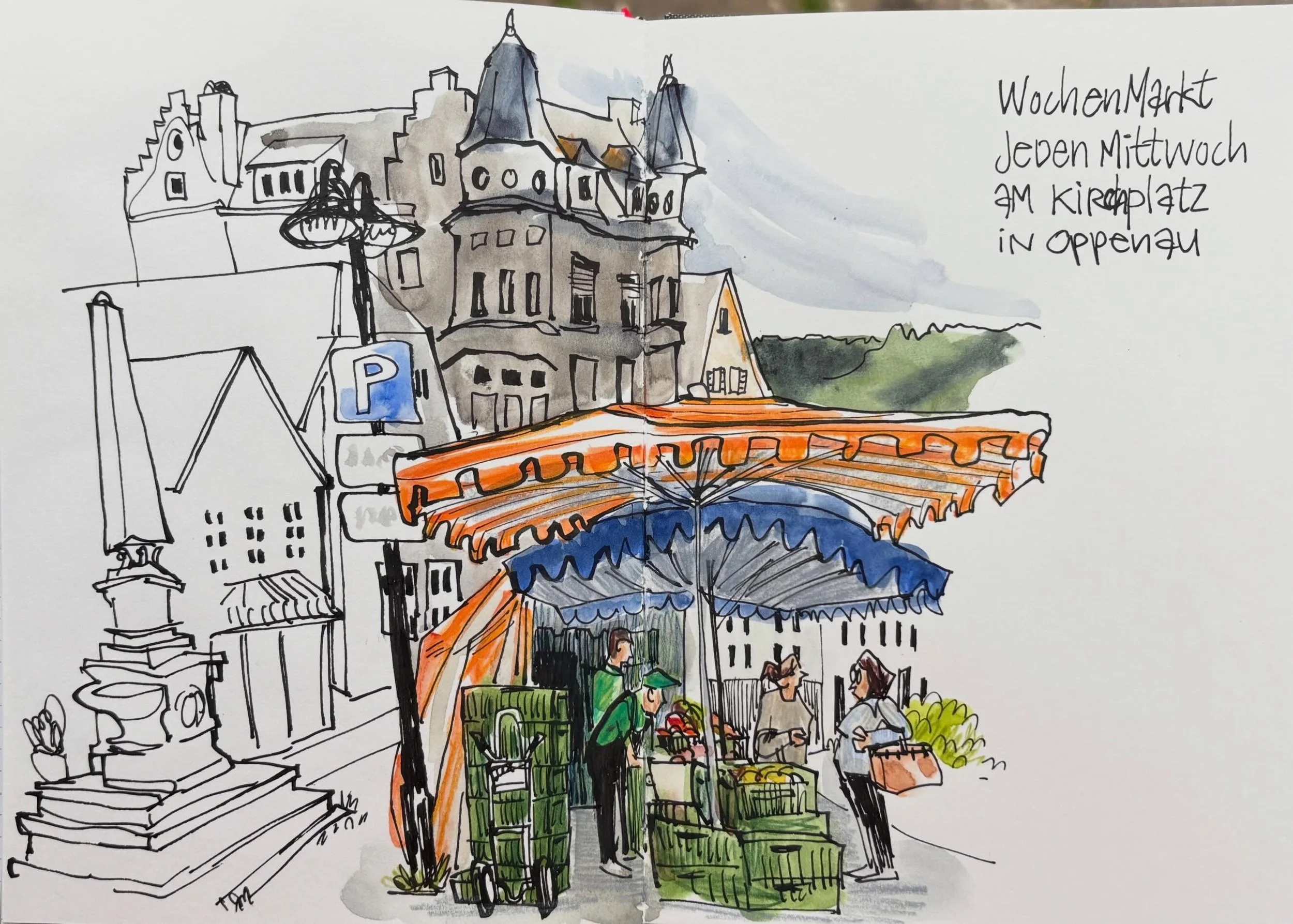 I love visiting open-air markets, especially the small village ones. 

This sketch is from the weekly market in Oppenau, Germany, which pops up every Wednesday on the village square by the church. 
Just a few stalls. People buy fresh produce, fish, f