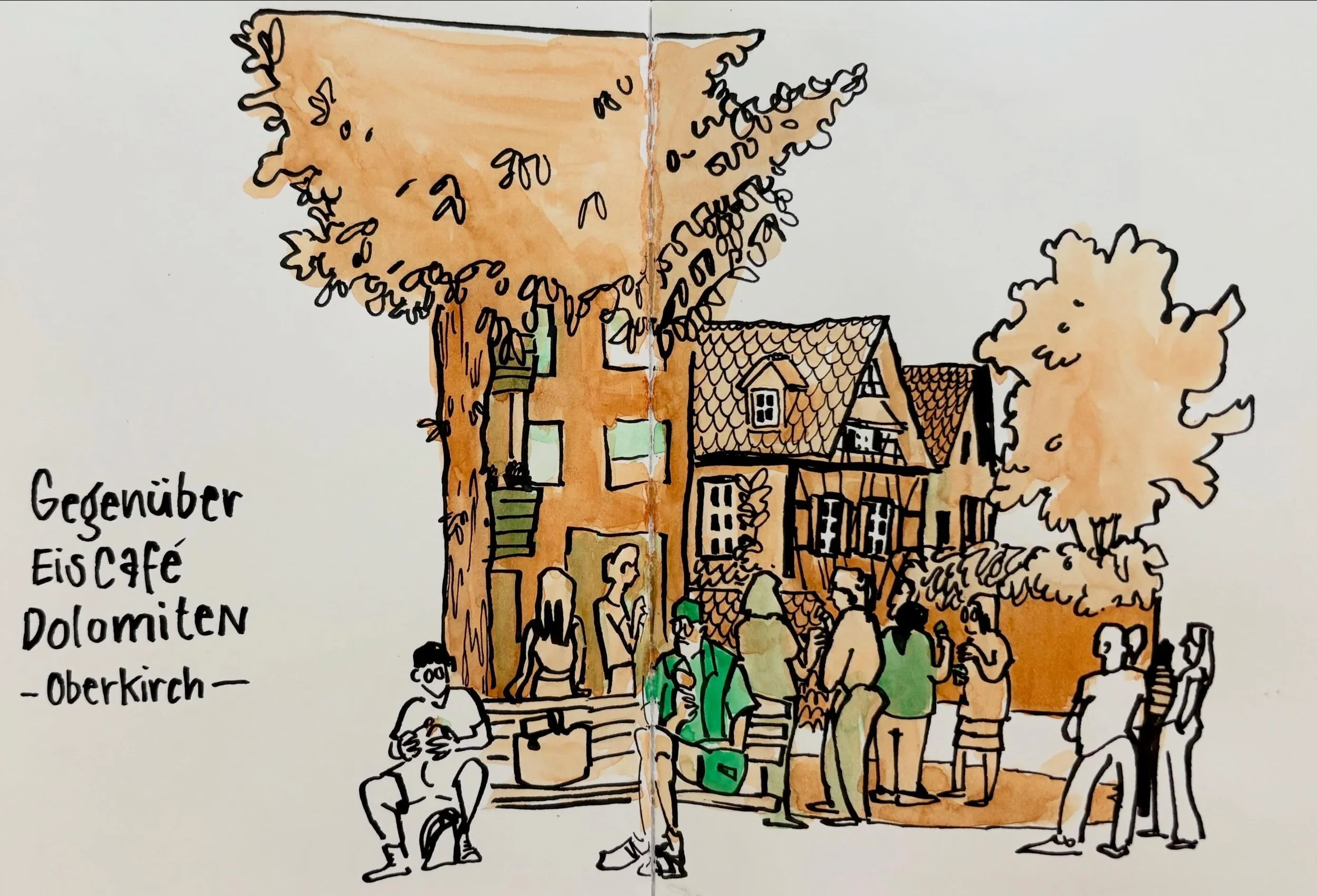 Tip! 
Let curiosity guide you, even when you&rsquo;re afraid to mess up.

A quiet moment with coffee on the terrace. I started drawing the view over the square, with an elderly man sitting on the bench, enjoying his ice cream. 

Then a big group of s