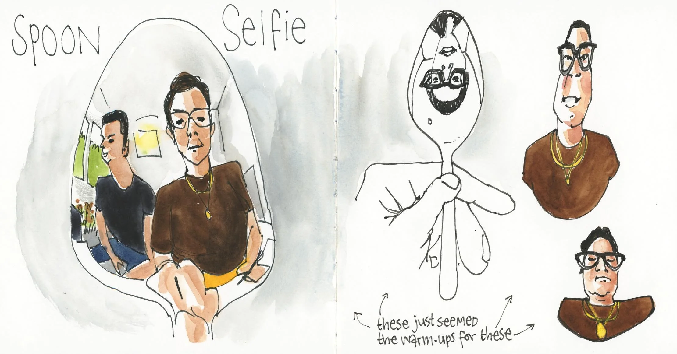 Laughing out loud while drawing with @artlyfestyle on zoom today. 
A spoon is like a funhouse mirror. Takes all the pressure off trying to get a good likeness in your self portrait. 

Materials used:
-Hahnem&uuml;hle watercolor book, 19.5x19.5 cm
-La