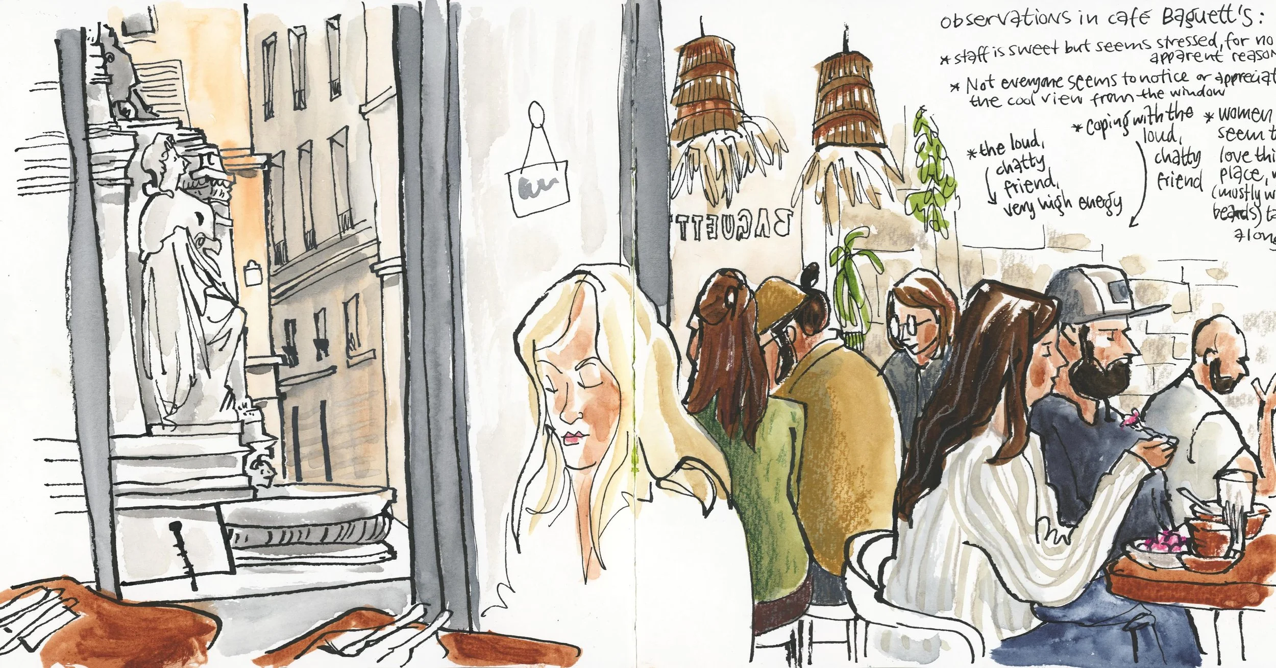 Another sketchbook spread from my recent trip to Paris. 
A yummy lunch on my own at @baguettcafe - after which I had a lovely chat with the owner of the place. 

Materials used:
-Hahnem&uuml;hle watercolor book, 19.5x19.5 cm
-Sailor Fude fountain pen