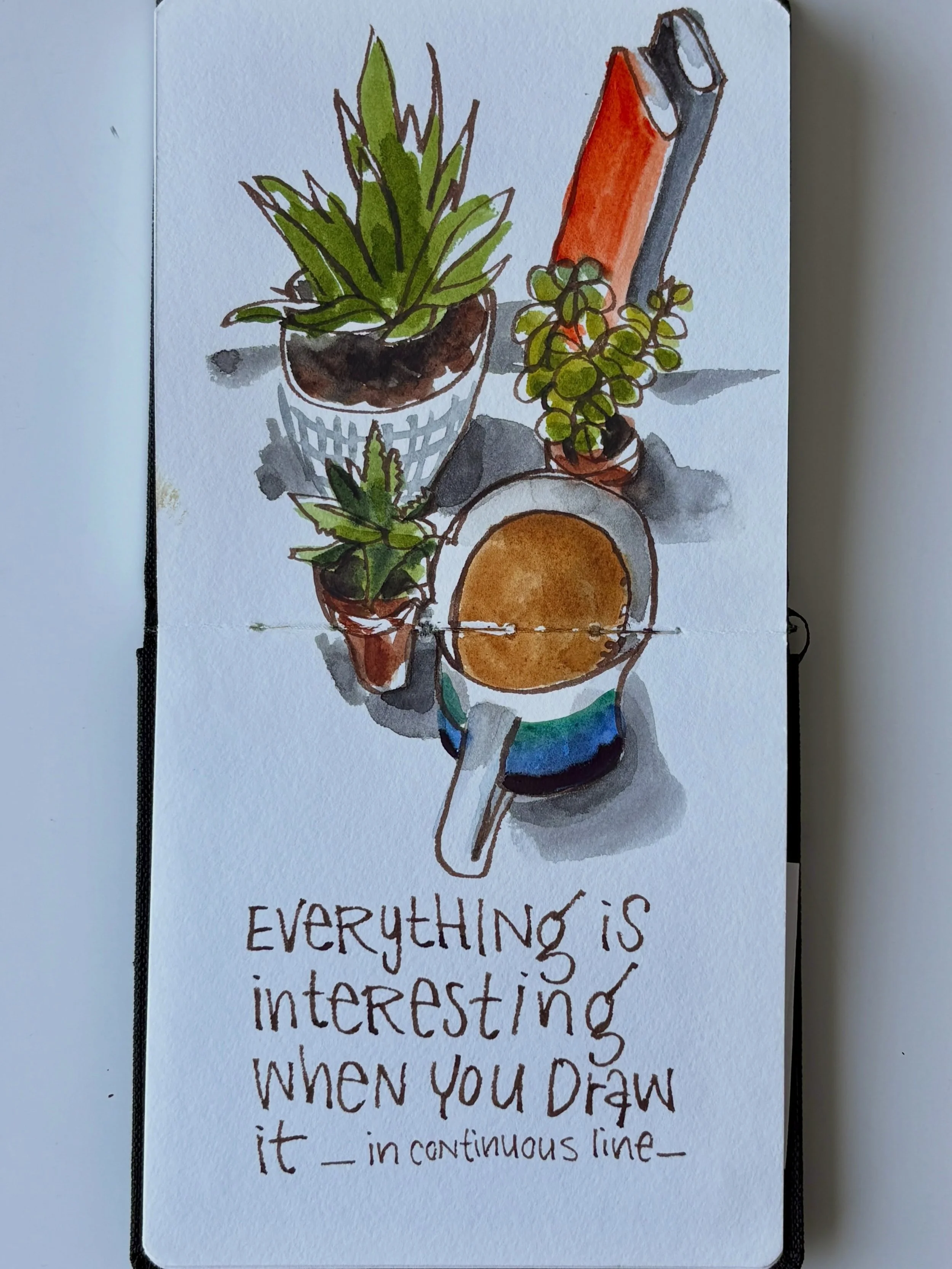 In case you forgot: to fill a sketchbook page, you don&rsquo;t need a grand plan, big idea, or exciting subject. 
Everything is interesting when you draw it. Do it now. 
And if the angle is tricky, using a continuous line can be helpful to capture wh