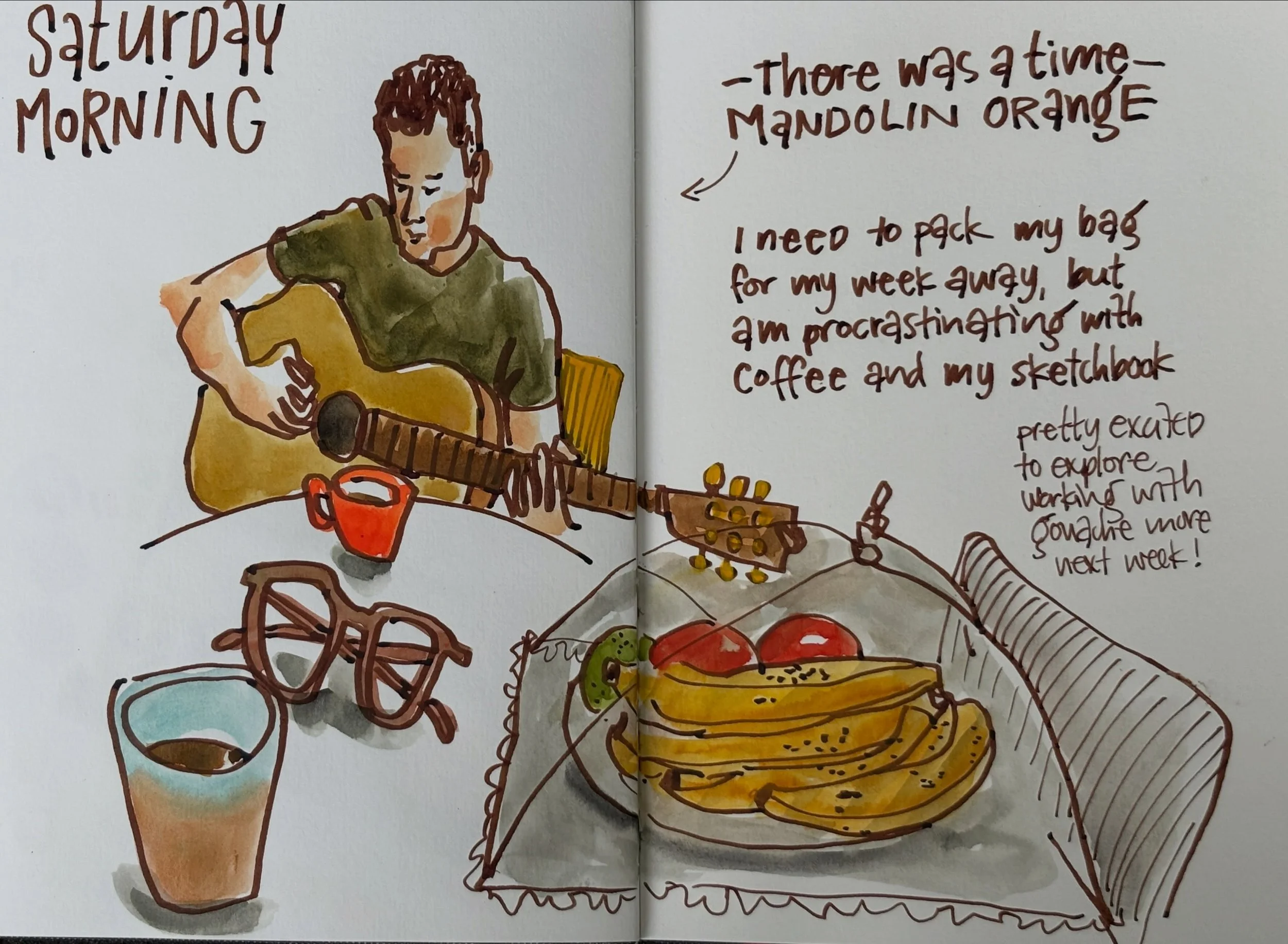 Saturday morning, procrastinating. 

Materials:
-Hahnem&uuml;hle Nostalgie sketchbook size A4
-Sailor Fude fountain pen (55&deg; nib) with DeAtramentis Brown archival ink 
-Gouache, Winsor&amp;Newton
-Pentel Aquash waterbrush

#lifeisbetterwhenyoudra