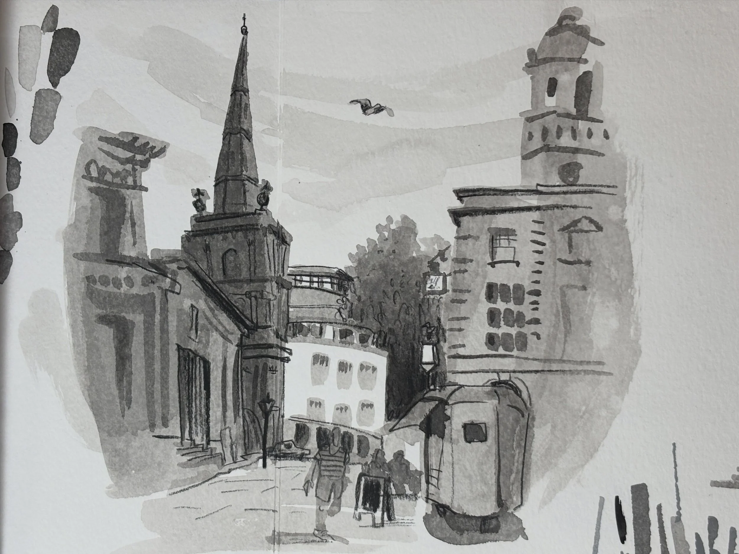 What a day! Class this morning with @swasky. More play in black and white, like yesterday. This time with ink and gouache, thinking in three values and thinking in masses instead of detail.

No class in the afternoon, a good moment to digest everythi