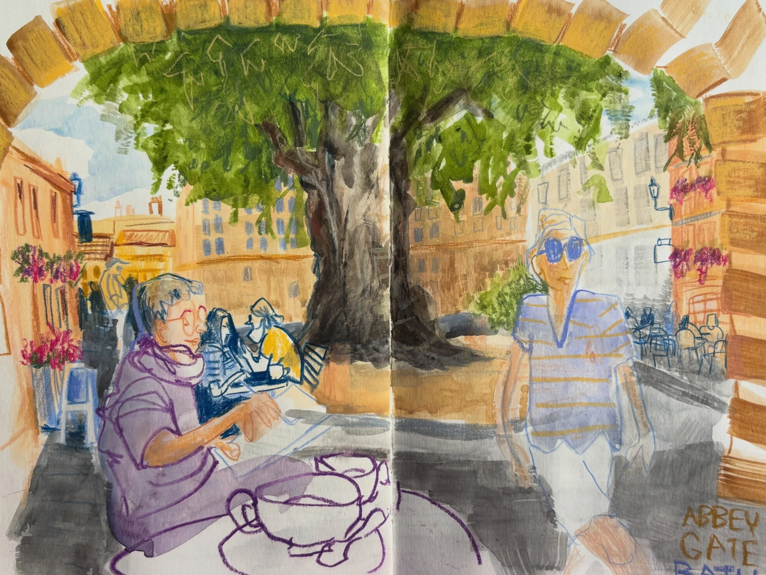 A field trip to Bath today with @pushingyoursketchingboundaries !
Started with coffee and lots of watercolors, crayons and colored pencils. 

Materials:
-Hahnem&uuml;hle Nostalgie sketchbook size A5
-Watercolors, Daniel Smith and Schmincke 
-Pentel A