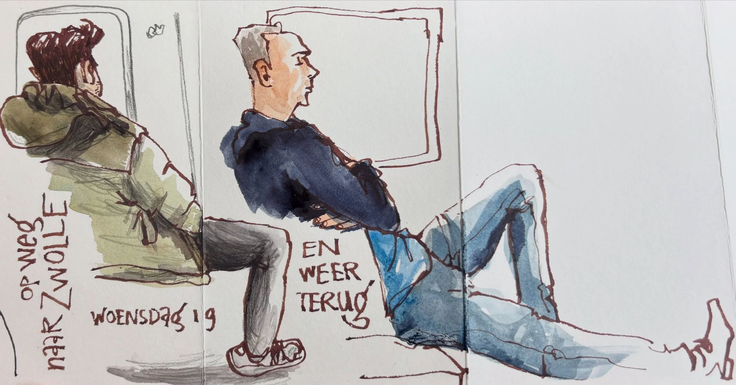 On my way by train to see a dear friend. And back again. 

Materials used:
-Etchr accordion sketchbook 9.5x14.5 cm 
-Sailor Fude fountain pen (55&deg; nib) with DeAtramentis brown archival ink
-Watercolors, Daniel Smith and Schmincke 
-Pentel Aquash 