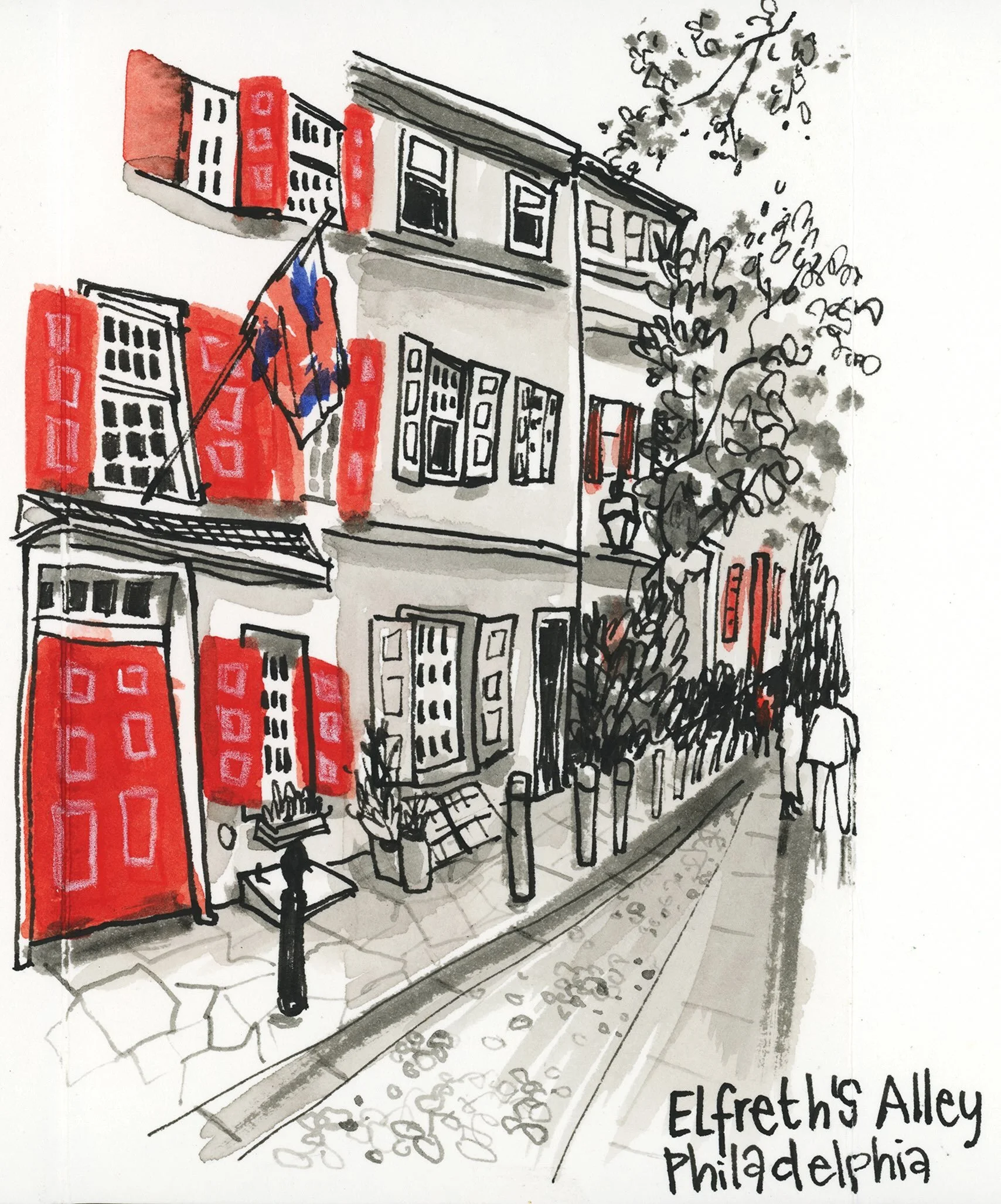 A session with my sketchy pals on Zoom! We &ldquo;virtually traveled&rdquo; to Philadelphia for a bit, using a photo of Elfret&rsquo;s Alley. 

I started with red watercolor for the windows and doors. Then added line with dip pen and India ink. 
Dilu