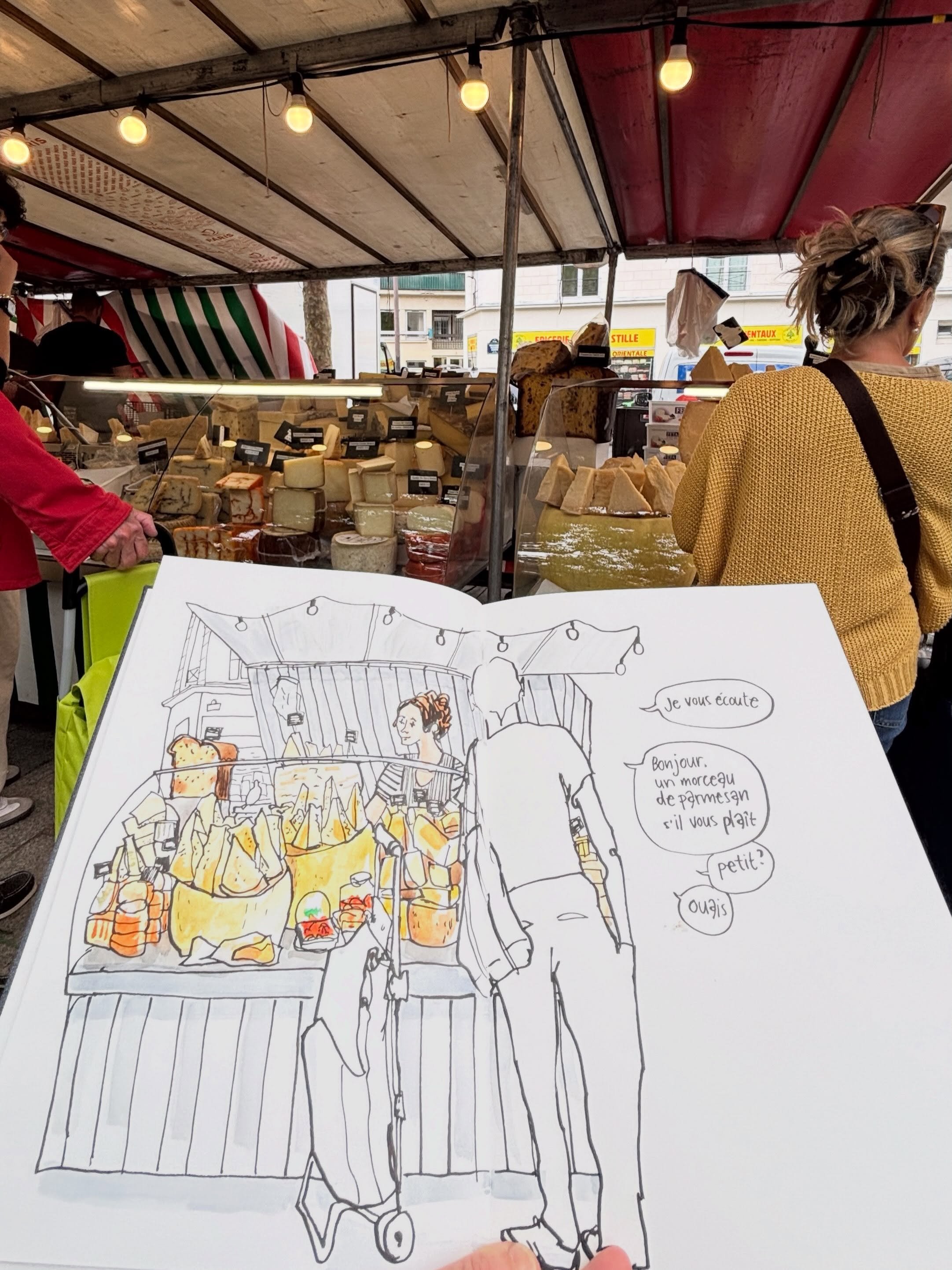 Sunday is Bastille Market day! 
This market gives a lot to do for all of the senses. The beautiful produce, baked goods, cheeses and also colorful clothing and more. A feast for the eyes. The sounds: eavesdropping on French conversations, the shuffli