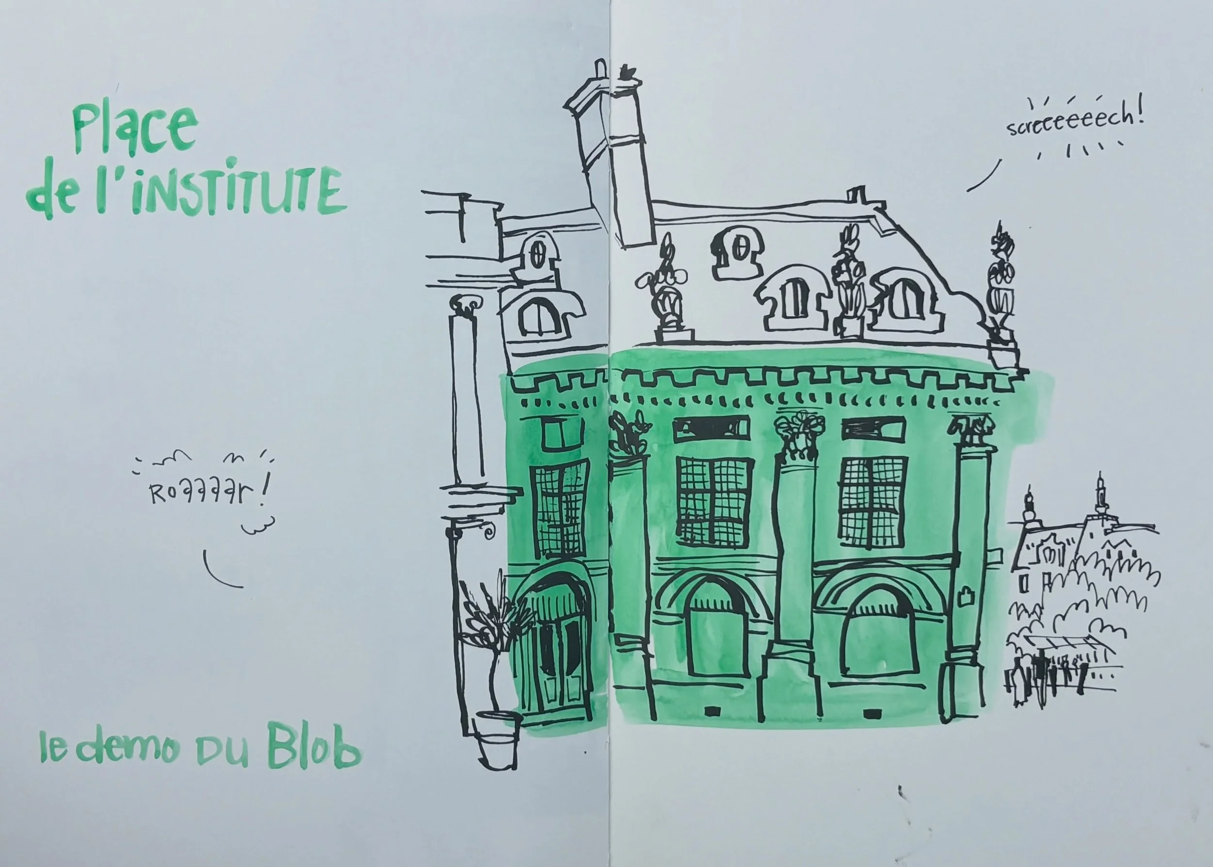 A selection of sketches from my Paris Sketchbook today. Teaching, demonstrating, exploring. 

Materials used:
-Hahnem&uuml;hle Nostalgie sketchbook, size A4
-Sailor Fude fountain pen (55&deg; nib) with Platinum Carbon Black ink
-Watercolors, Daniel S
