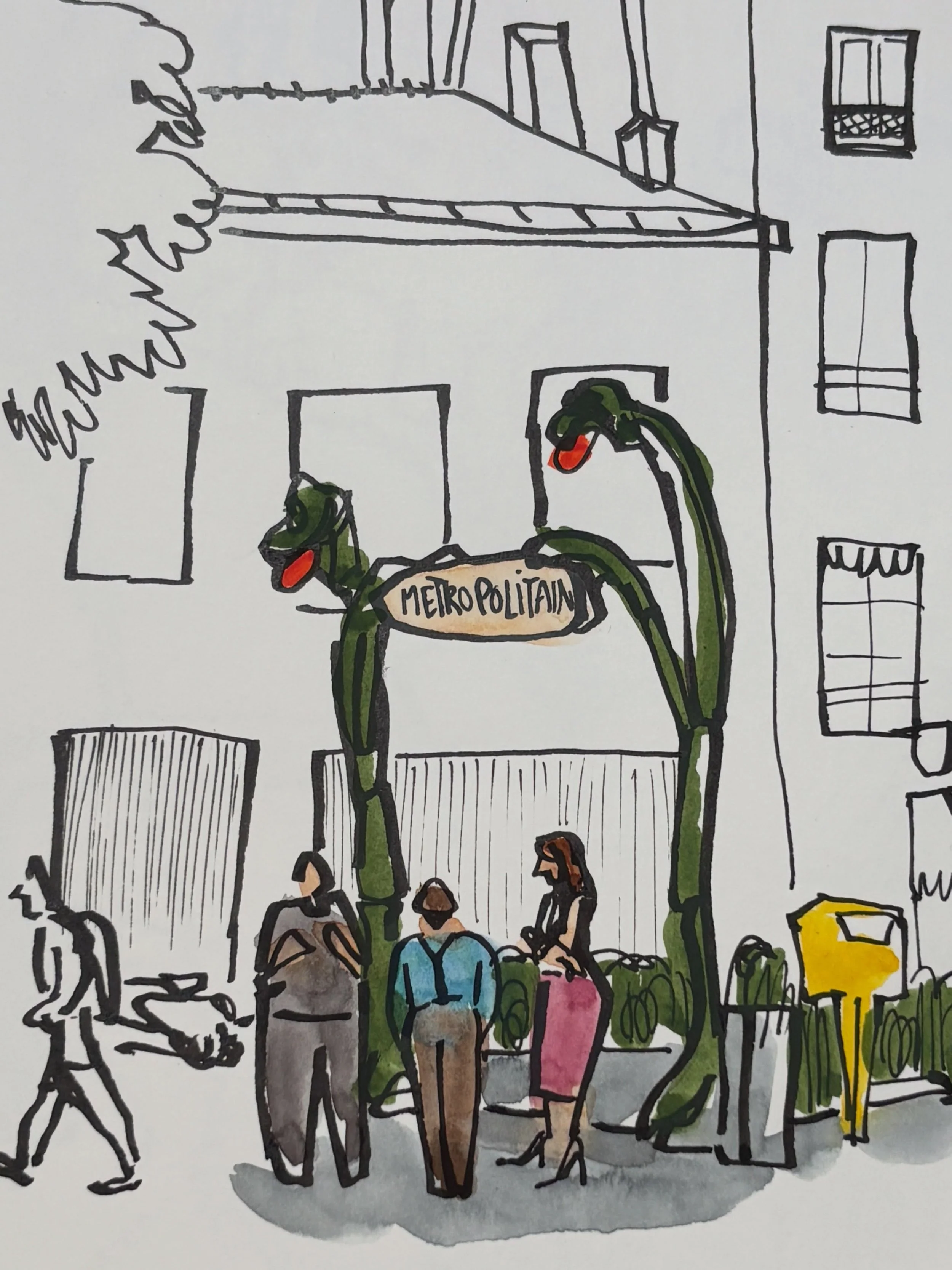Day 3 of Paris Sketchbook! After a fun filled morning session, we met the group in the afternoon for a SketchUp at the cemetery, P&egrave;re laChaise. 
While waiting by the entrance for everyone to trickle in, I sketched &ldquo;La Bouche de M&eacute;