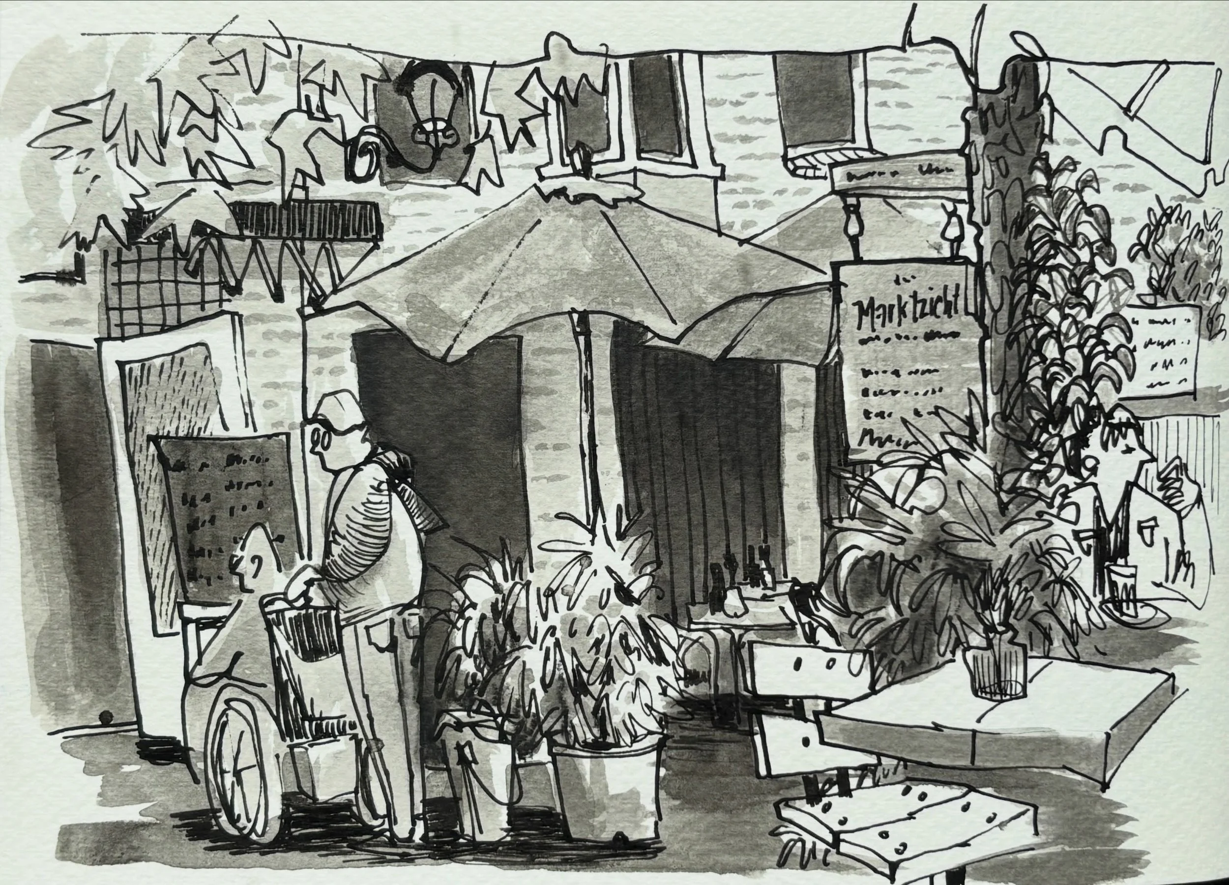 I&rsquo;m so happy and grateful that @nicspr  started an urban sketchers group in Amersfoort, the city where I live. 

Today was the first meetup and a bunch of enthusiastic sketchers showed up. 
It was raining but could sit under the big umbrellas o