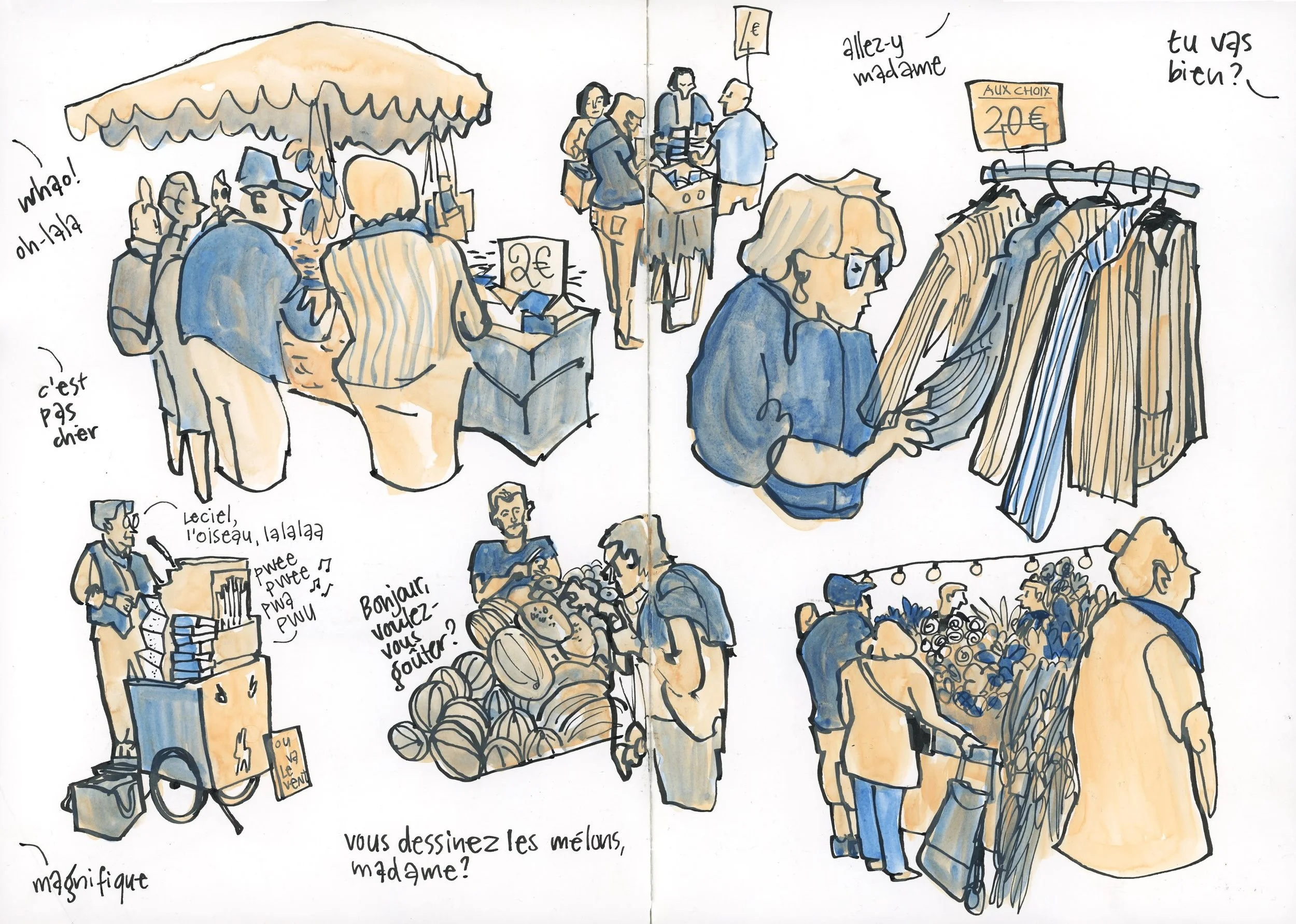 This might be one of my favorite sketchbook pages from my recent stay in Paris. 
The way of storytelling with more than one drawing, and containing the drawing in a &ldquo;clustered&rdquo; way. Not sure if that&rsquo;s the right wording for it. Maybe