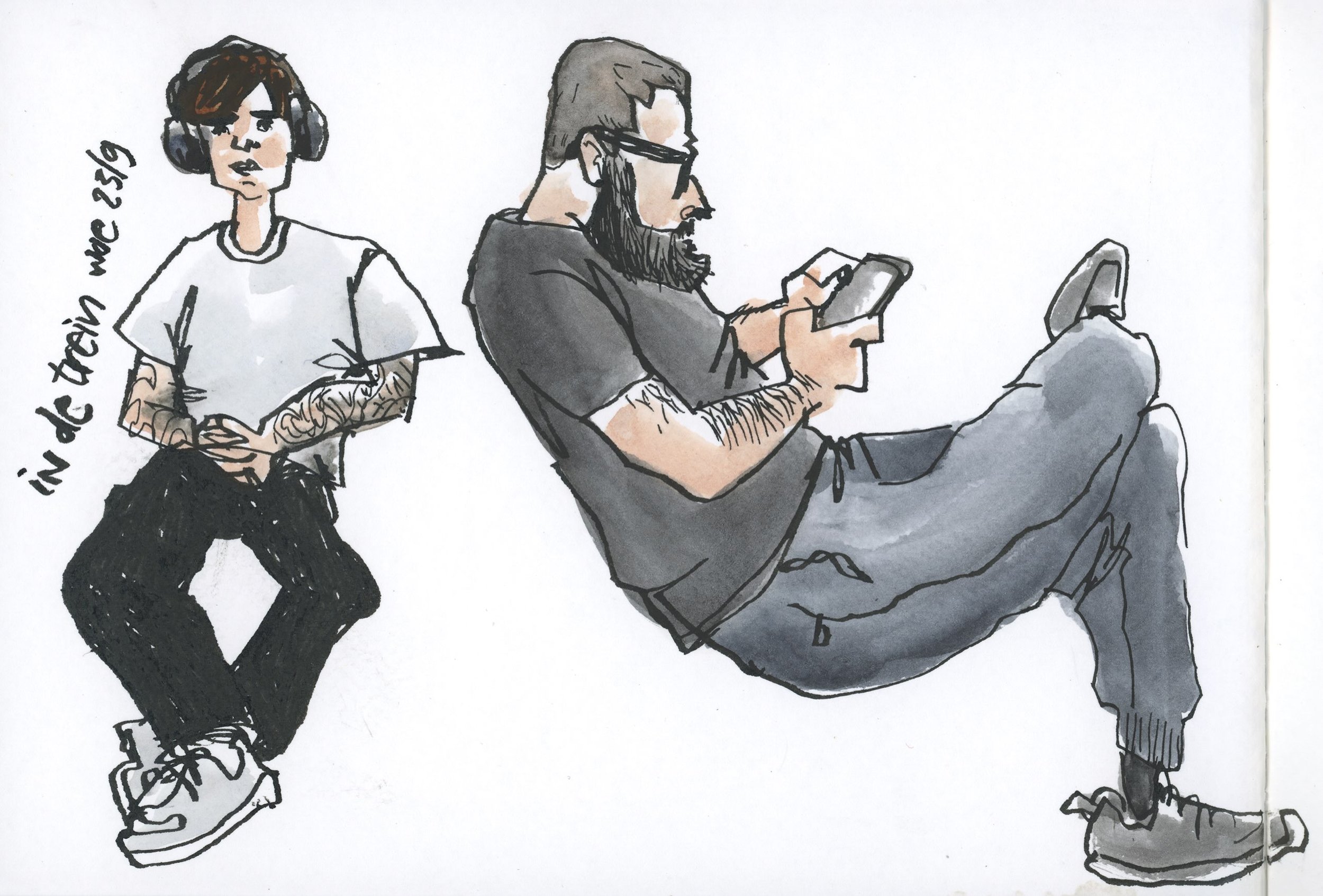 Currently I&rsquo;m doing quite a bit of commuting. They are short train rides: just enough to draw a little. 

Materials used:
-Fabriano sketchbook, by Indigraph, size A5
-Pilot Parallel pen, 2.4 mm, filled with Platinum Carbon Black ink
-Watercolor