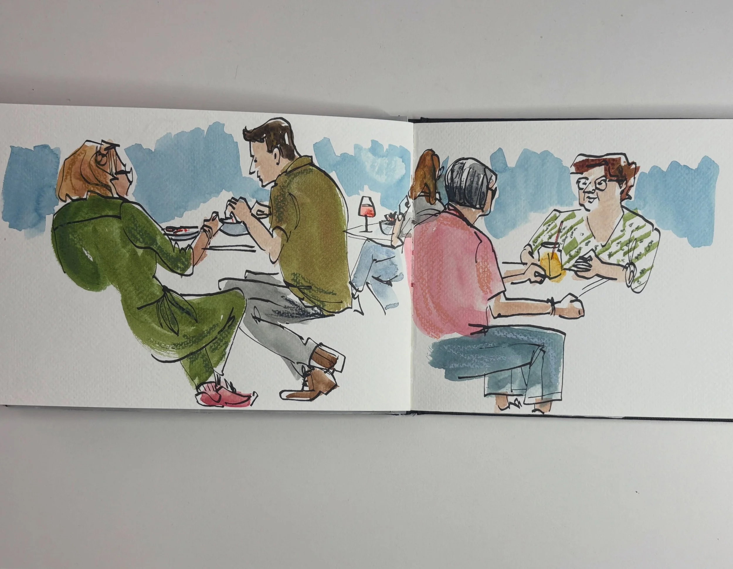 Juggling a lot of things at the moment, but luckily I got to enjoy the friendly early fall weather during a break. 
Quick sketch at lunch of people around me on the terrace. 
There&rsquo;s always time to draw. Especially at times you think you can&rs