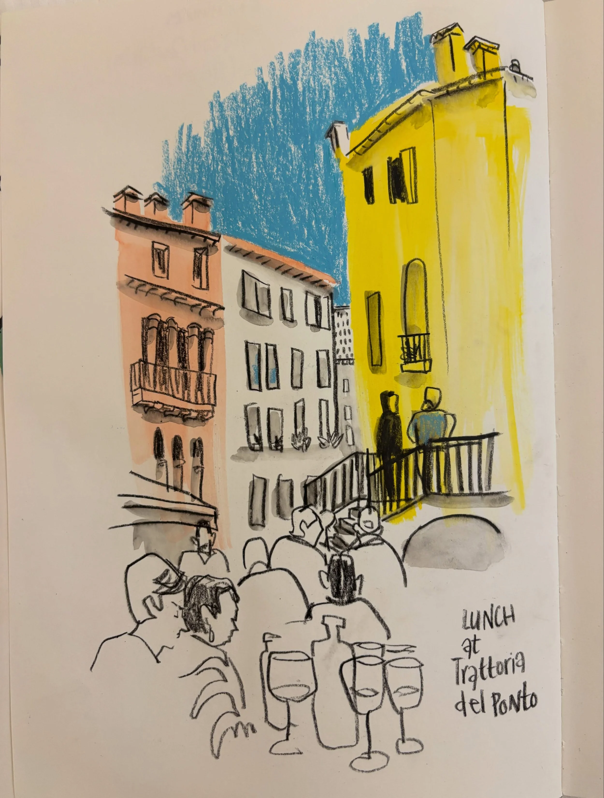 Day one of @_thebluewalk Sketchbook Trip in Italy! 
Meandering through Venice, a bit of sketching on the way, then lunch. 

Watercolors, black Inktense pencil and blue crayon. 

Along the way, we stopped to admire Palazzo Contarini del Bovolo. Just b