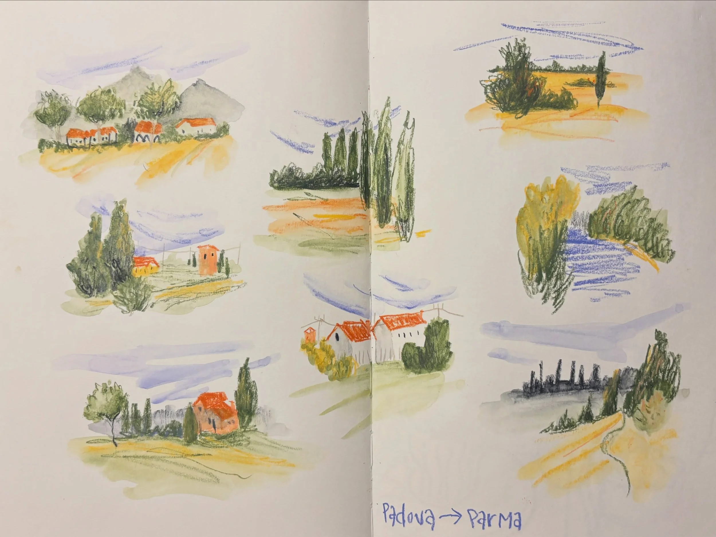 Dat 5 (is it? I lost count!) of @_thebluewalk Italy trip. 
Sketching the views on the bus from Padova to Parma, where we will stay for the rest of this tour. 

Then coffee and drawing (which checks of #inktober day 15: overlap, using foreground and b