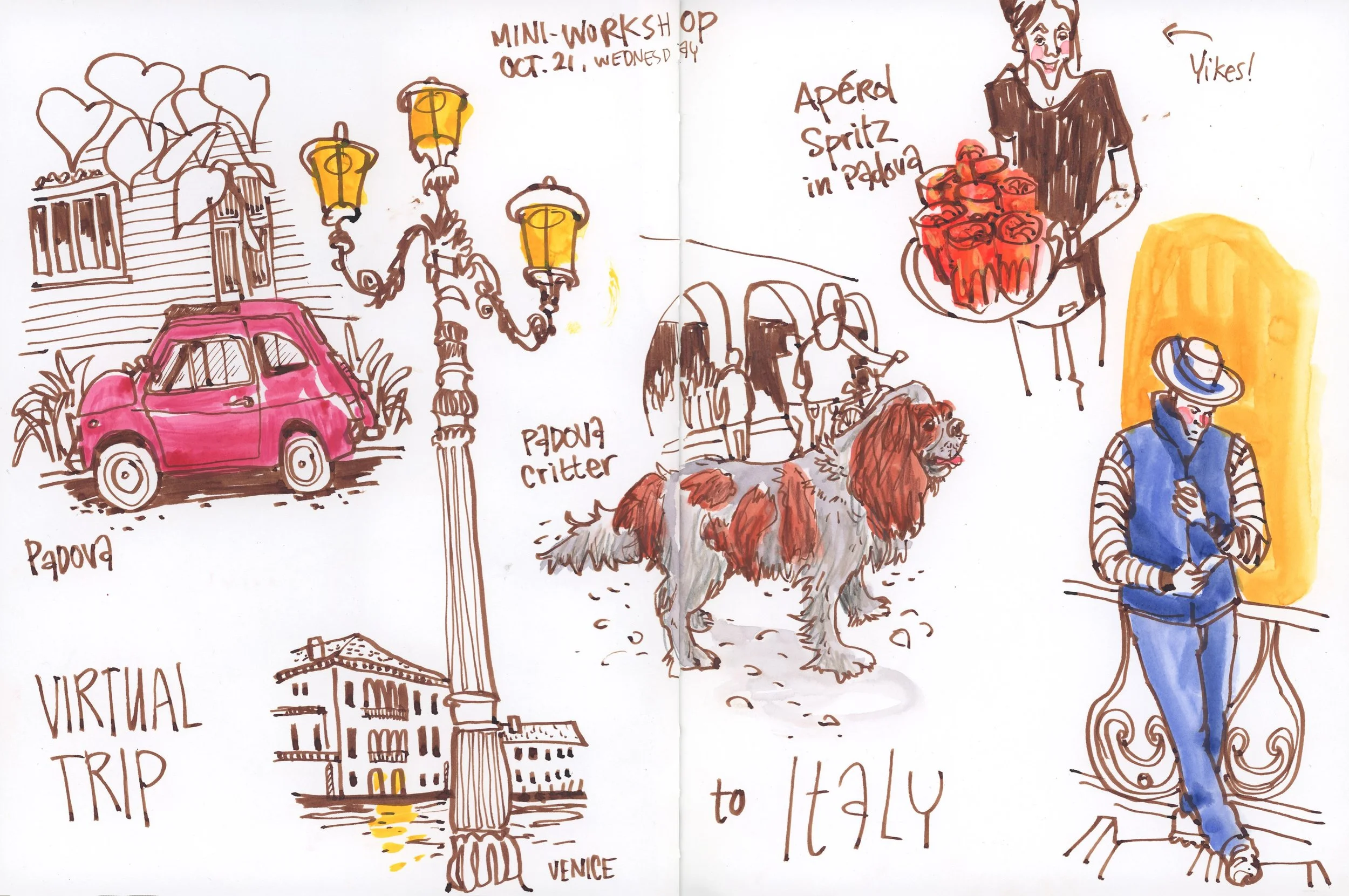 Here&rsquo;s today&rsquo;s page I filled during my live online Mini-Workshop. 
It has nothing to do with today&rsquo;s prompt on my #inktober prompts list, but does that matter? 

I showed my sketchbook pages from my recent Italy trip, and we filled 