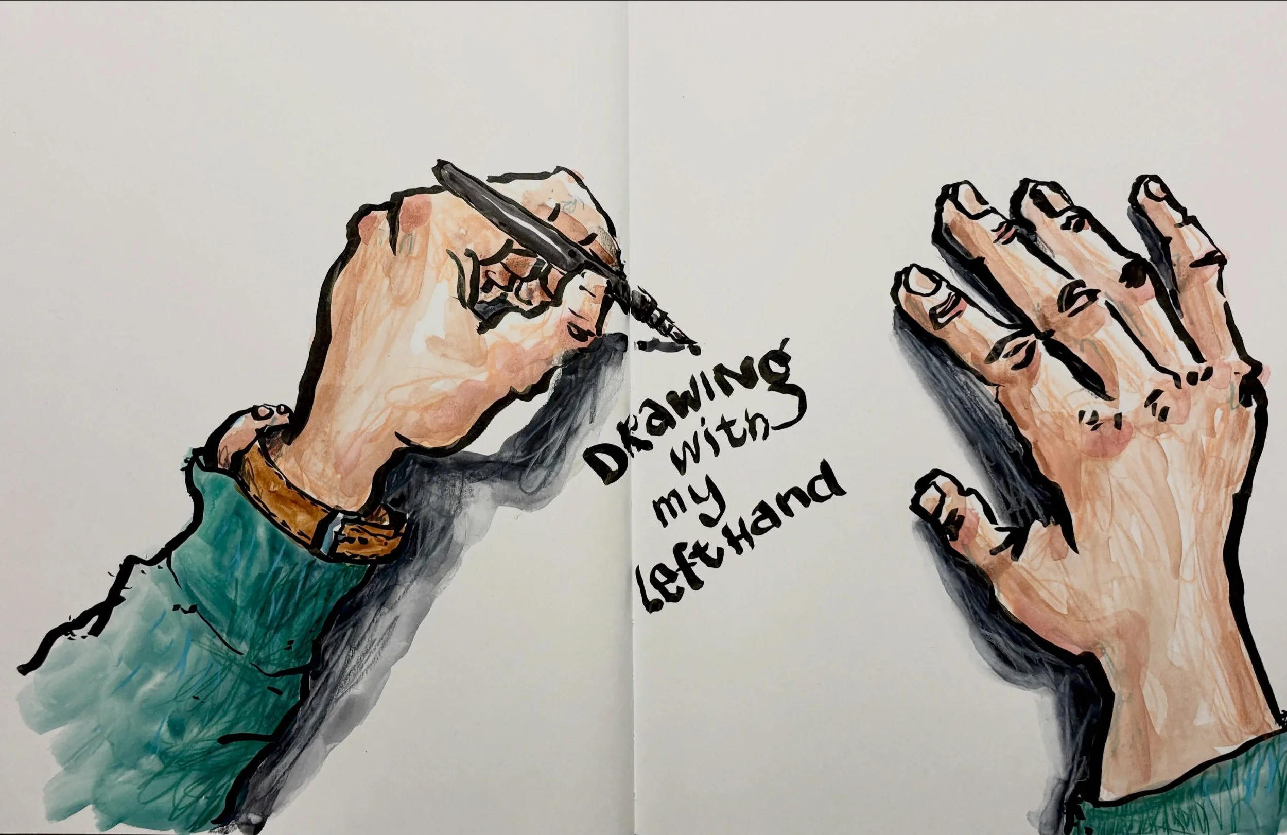 Drawing your hands while they draw is tricky, but I promise, it&rsquo;s fun. Expect wonky, and embrace it. 

It&rsquo;s a great exercise for observation since hands are full of interesting shapes and angles. And the drawing hand is changing position 