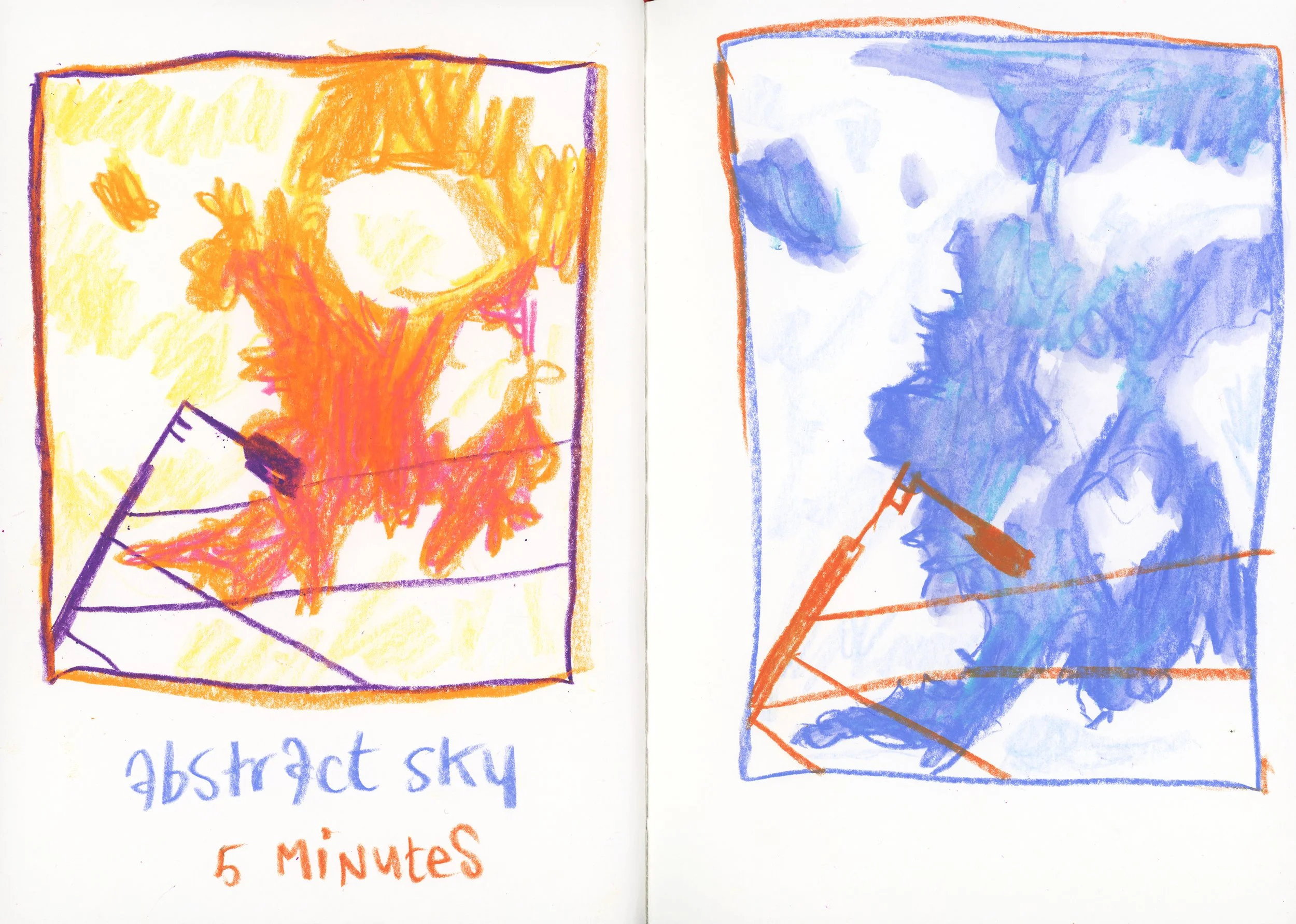 two sketchbook pages, each with one colorful crayon drawing of a sky.