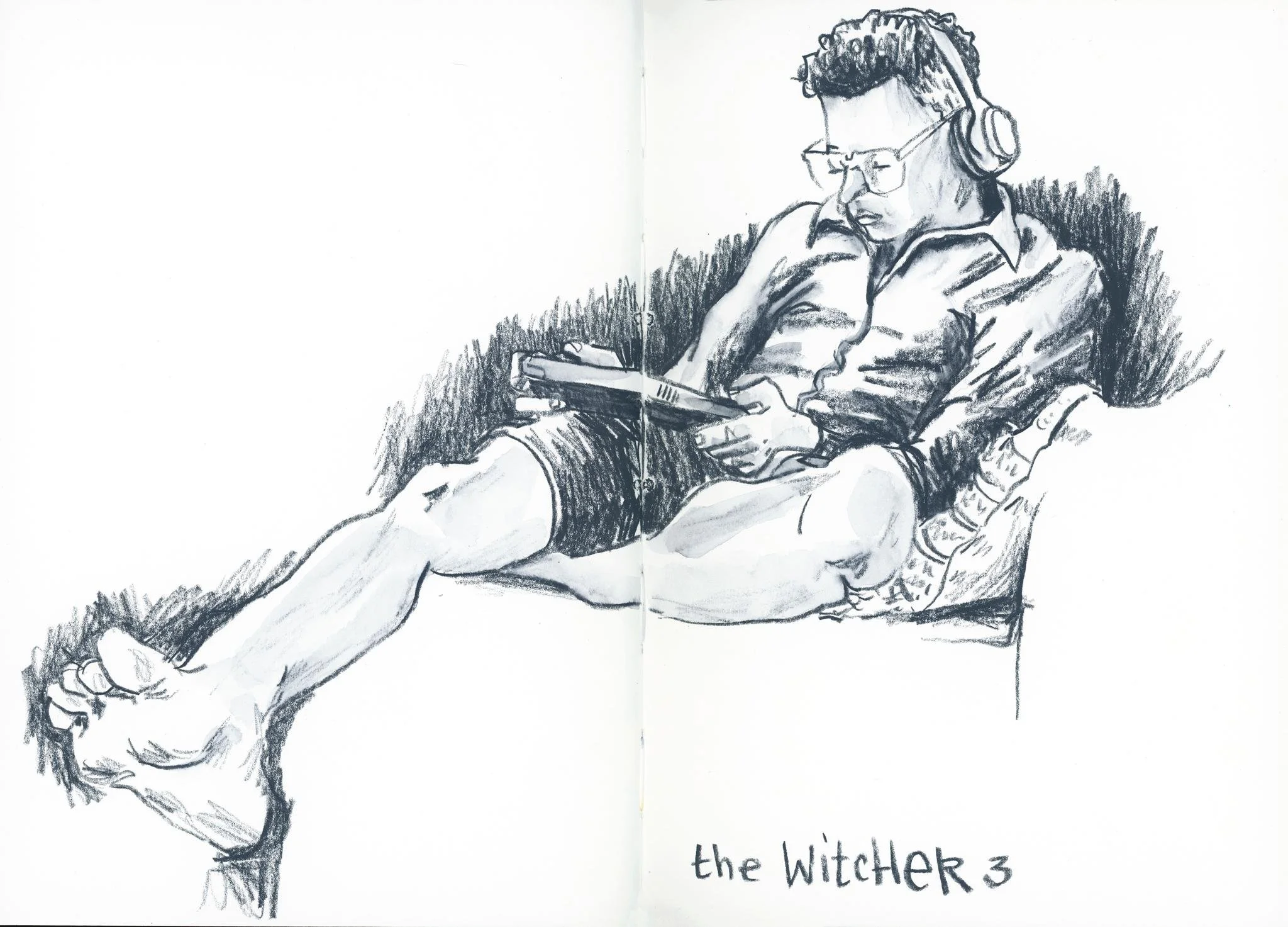 Sketchbook spread with a Paynes Gray crayon drawing of a man on a couche, reading with glasses and headphones on. His foot is forward and foreshortened.