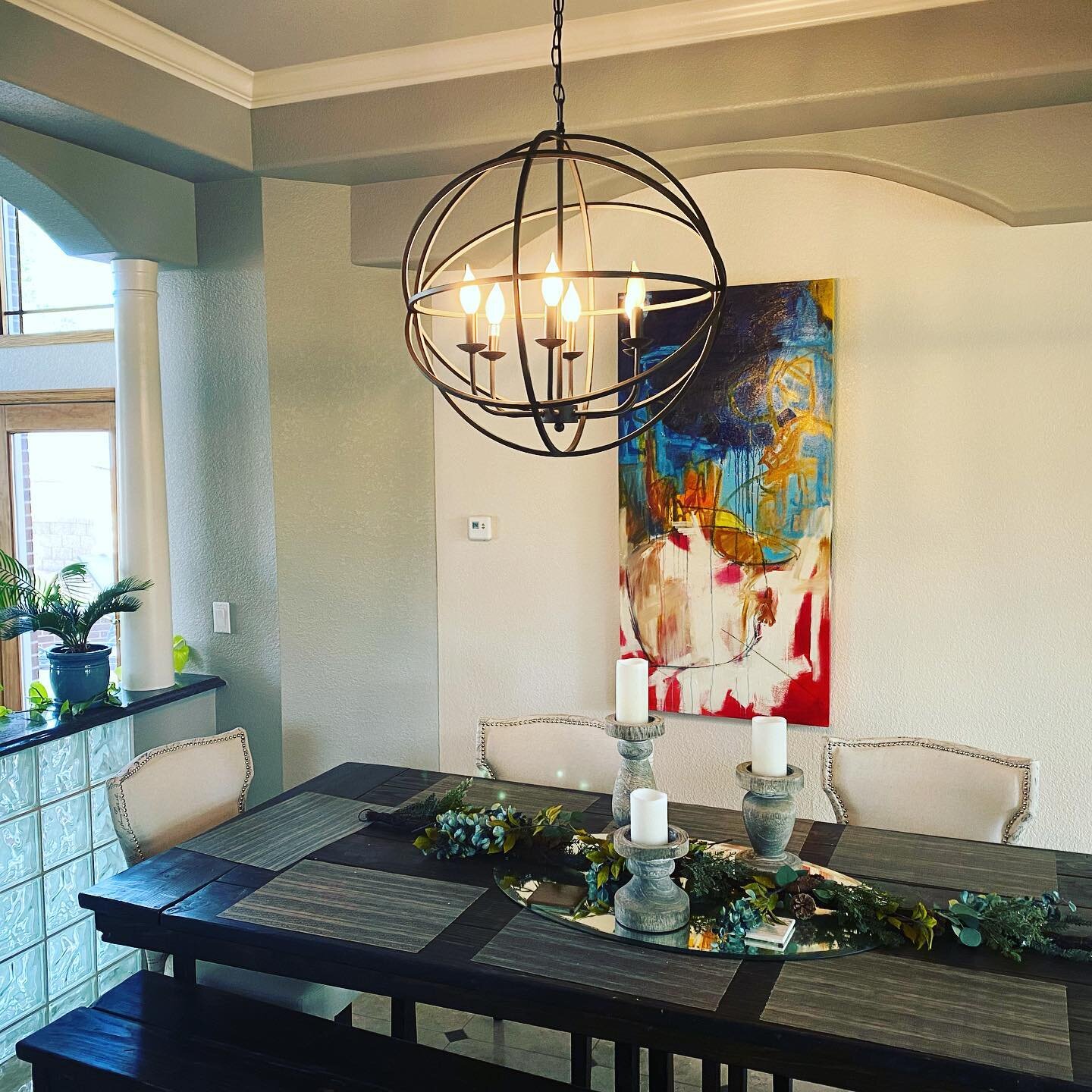 Got the new chandelier and painting up! Art was done by our talented friend Elisa Gomez! #elisagomezart #lifestyle #realestatewealthandlifestyle